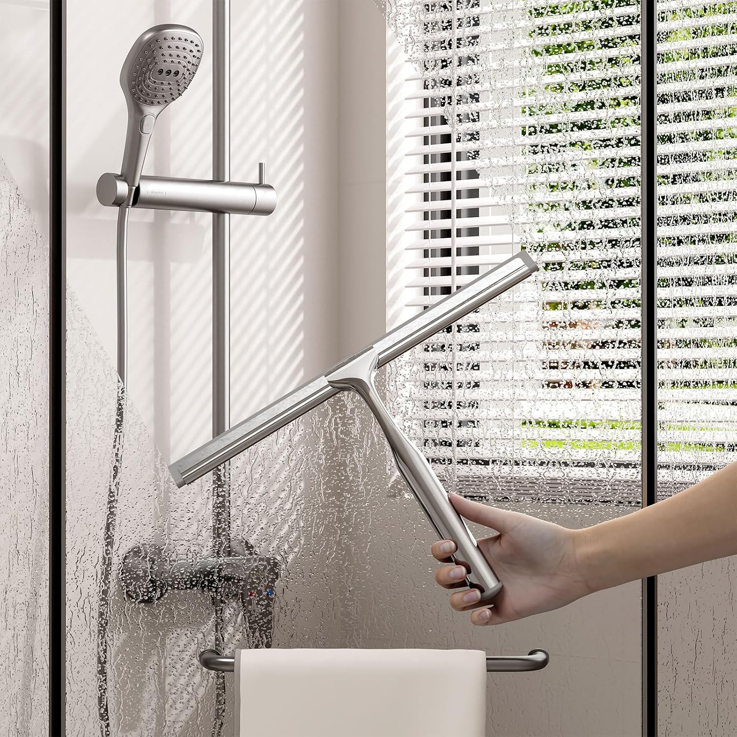 Shower Squeegee for Glass Doors, Stainless Steel Shower Squeegee for Bathroom, W