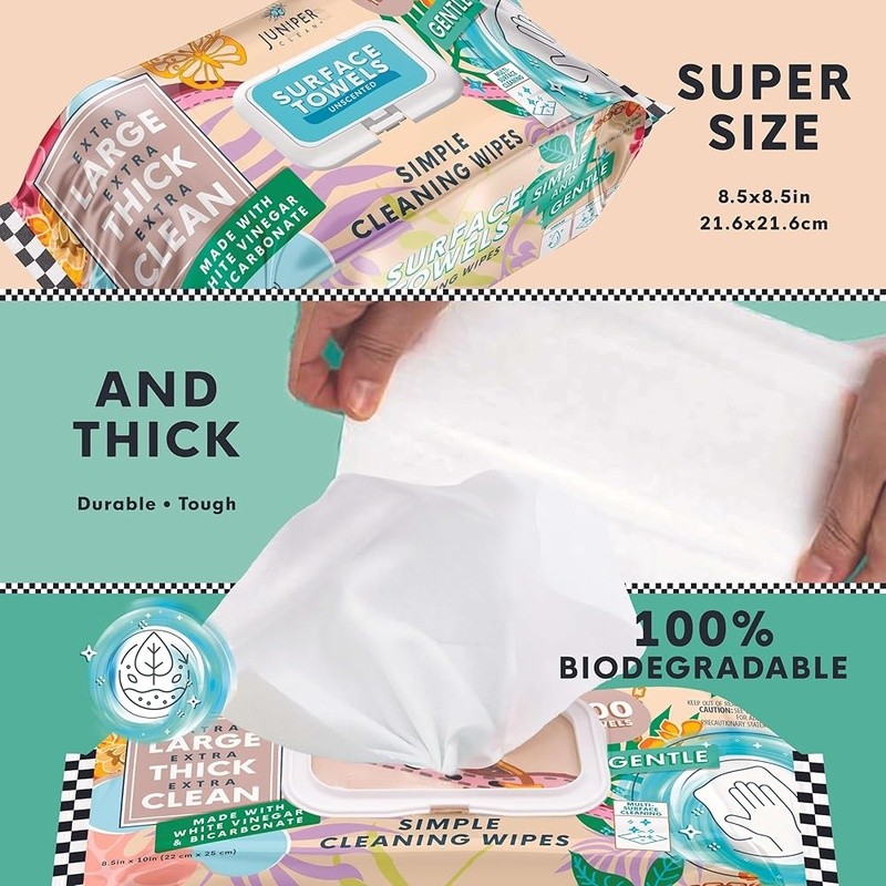 Biodegradable Multi-Surface Cleaning Wipes Hypoallergenic Lint-Free Extra Thick