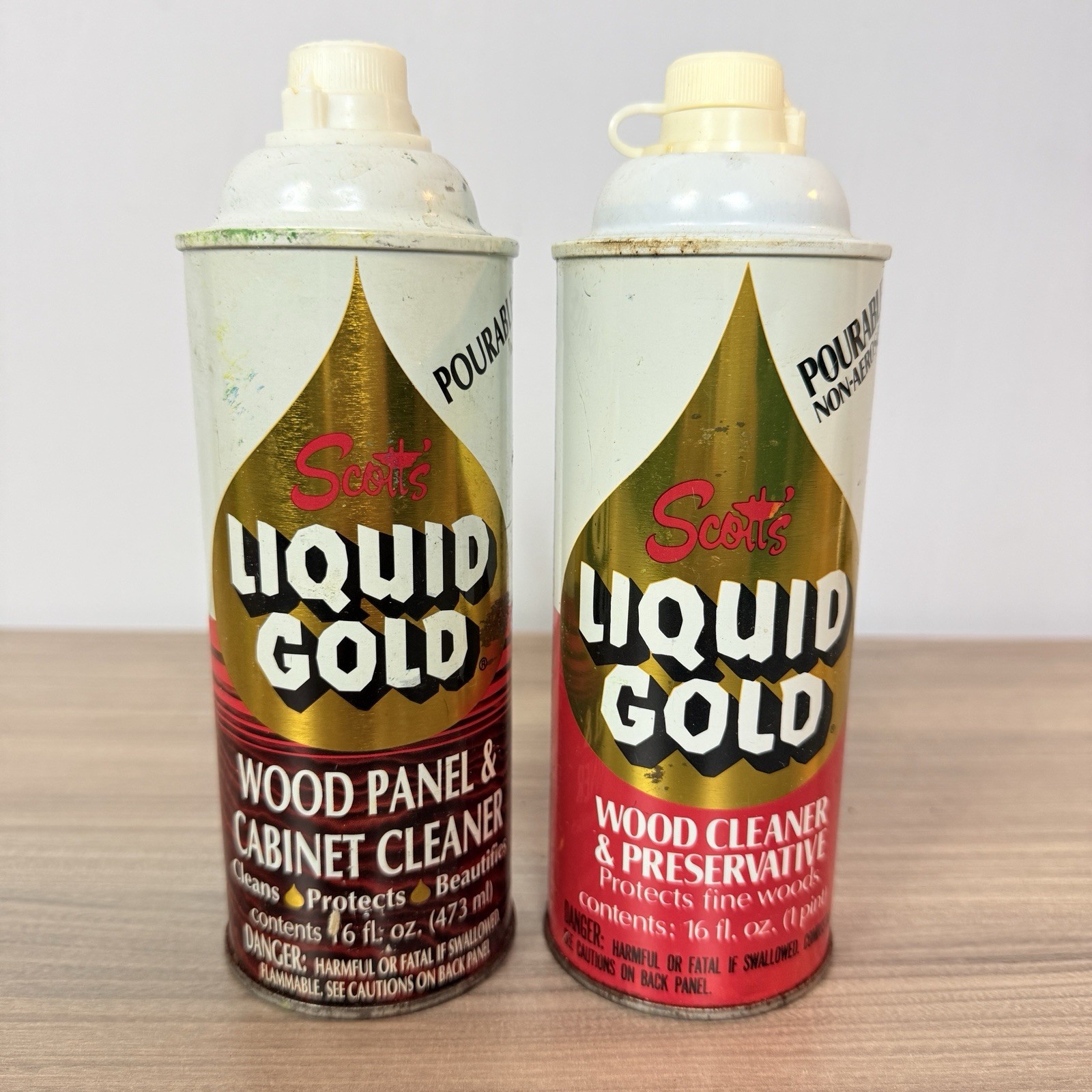Two VTG Scott’s LIQUID GOLD Pourable Wood Cleaner & Preservative 90% & 40% Prop