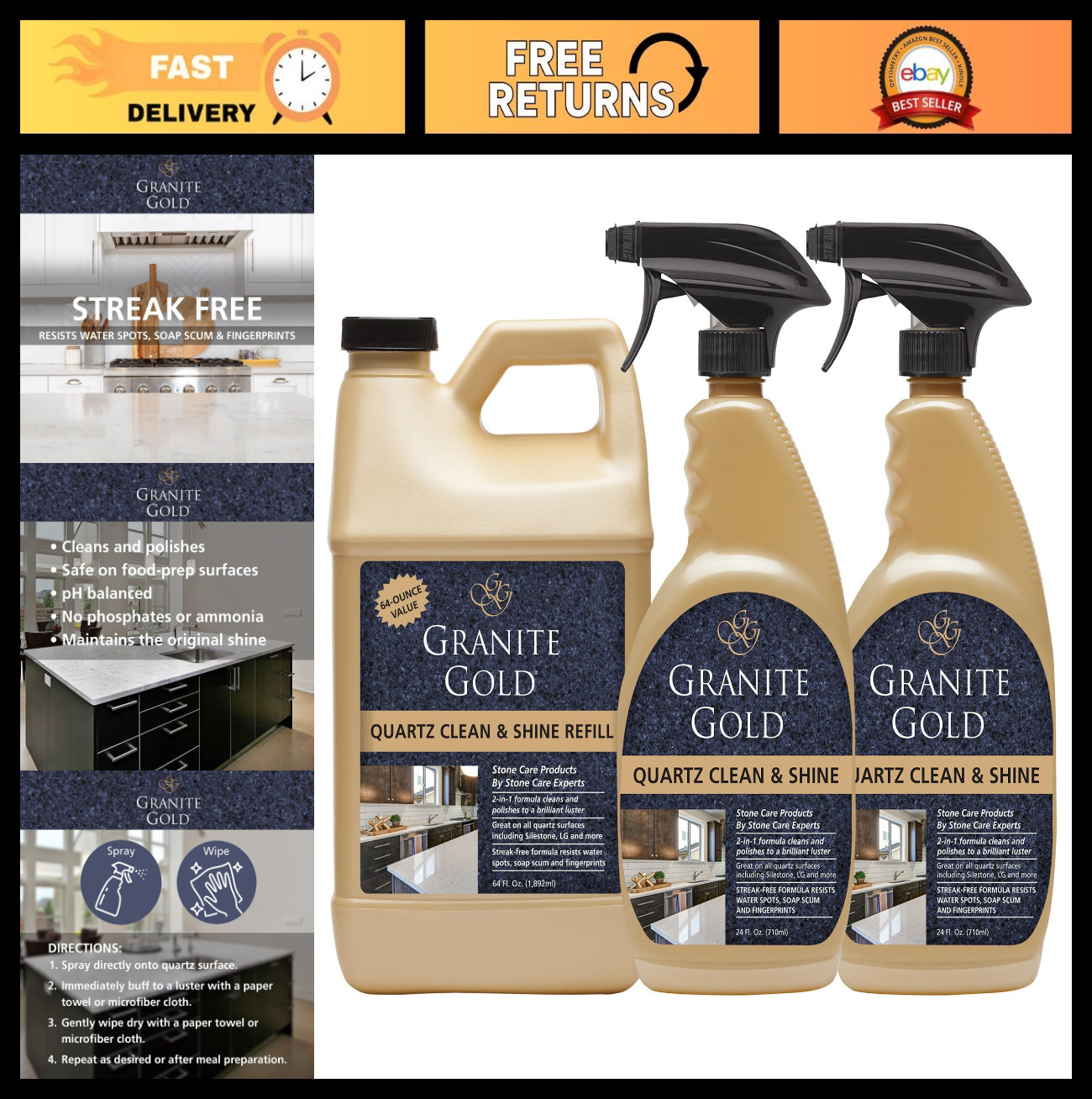 Streak-Free Quartz Cleaner & Polish – Deep Cleans All Quartz Surfaces, 64oz + 2x