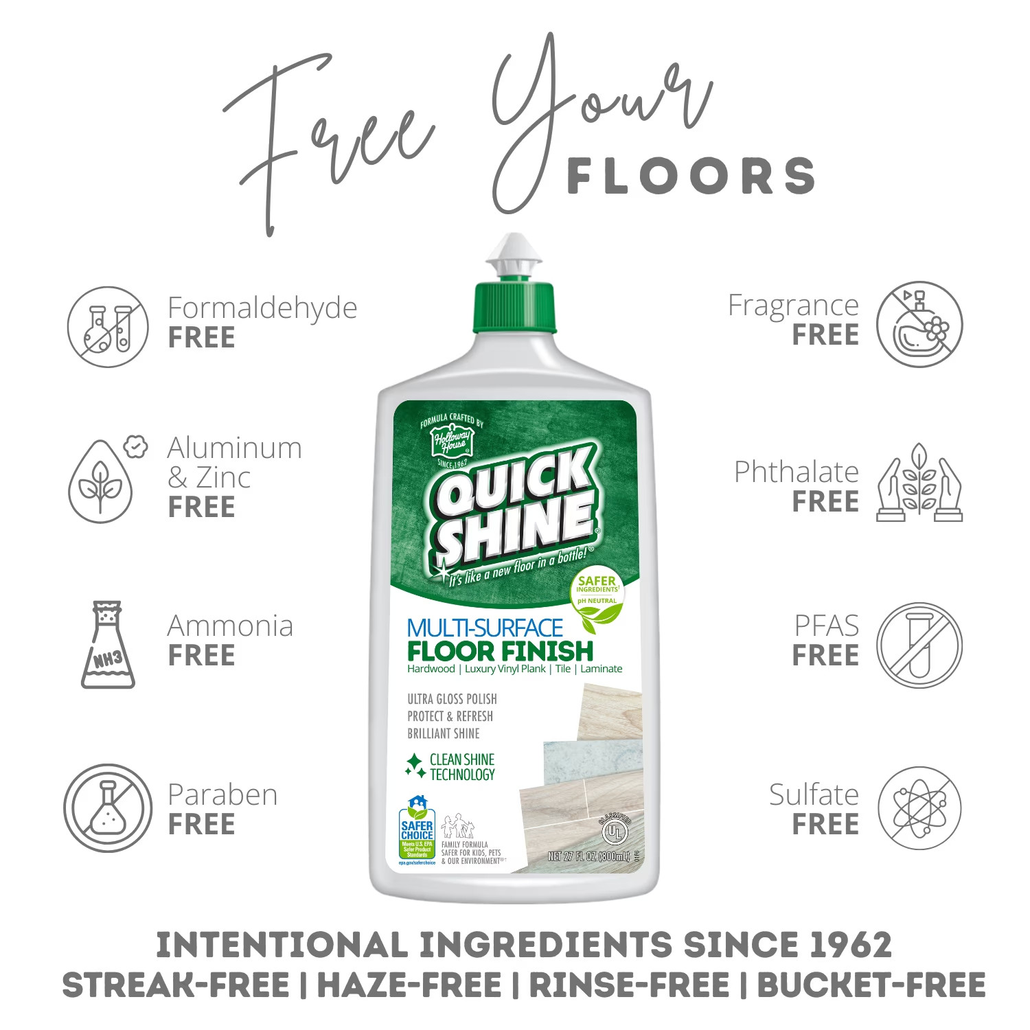 Quick Shine Multi-Surface Floor Finish, Pfas-Free Formula, All Purpose Household