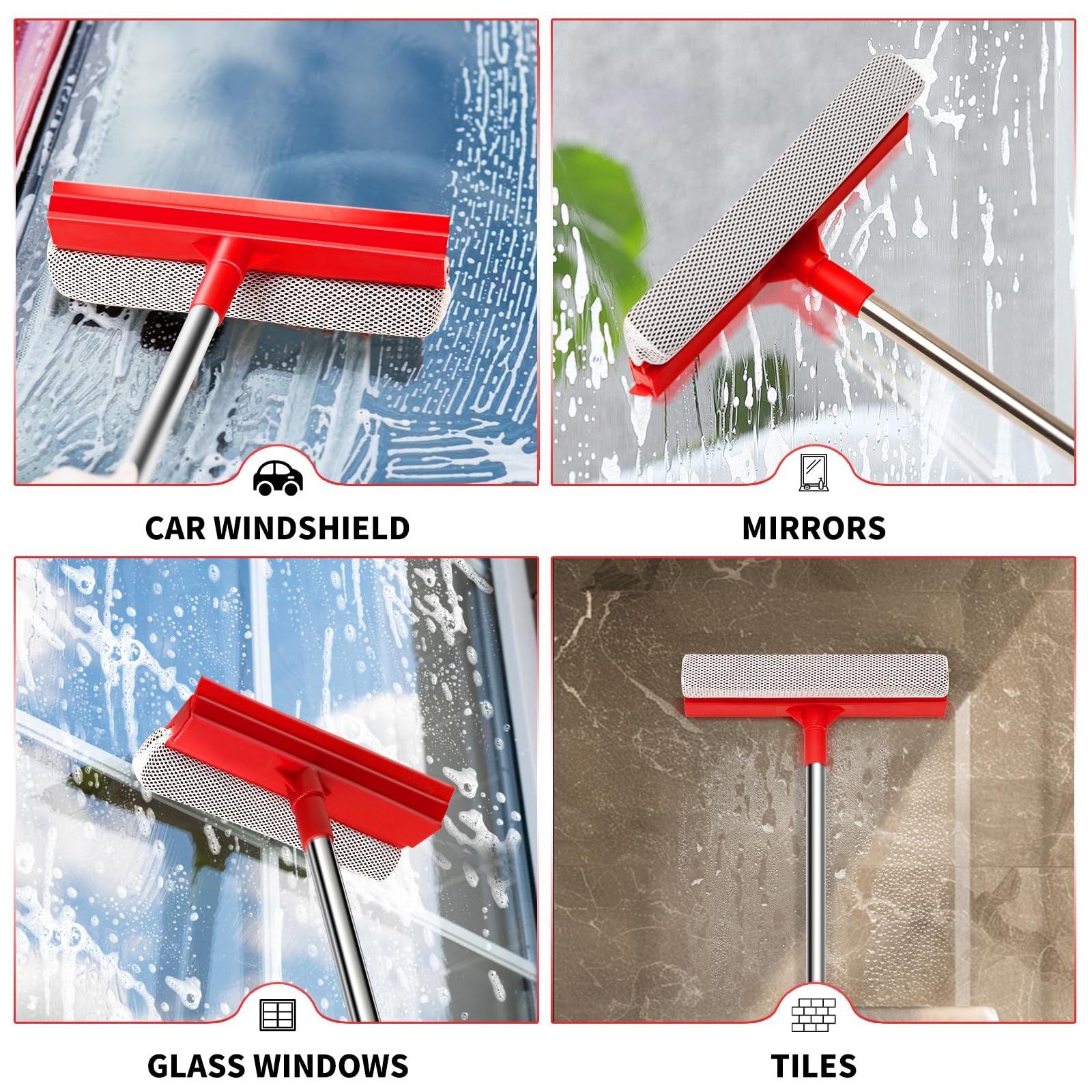 2-In-1 Window Squeegee Cleaner Sponge & Soft Rubber Strip w/ Retractable Handle