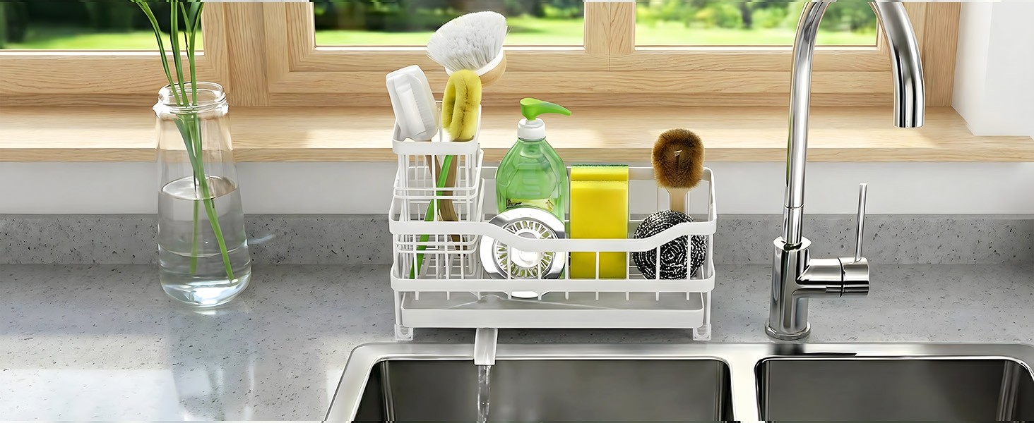Sponge Holder for Kitchen Sink, Rustproof Sink Caddy Organizer with Dish Brush