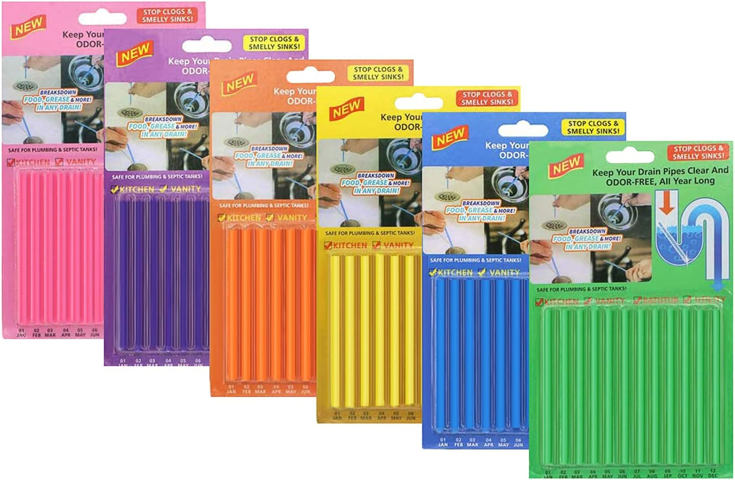 New Sani Sticks Drain Cleaner And Deodorizer 72 pack (Color Set 6)