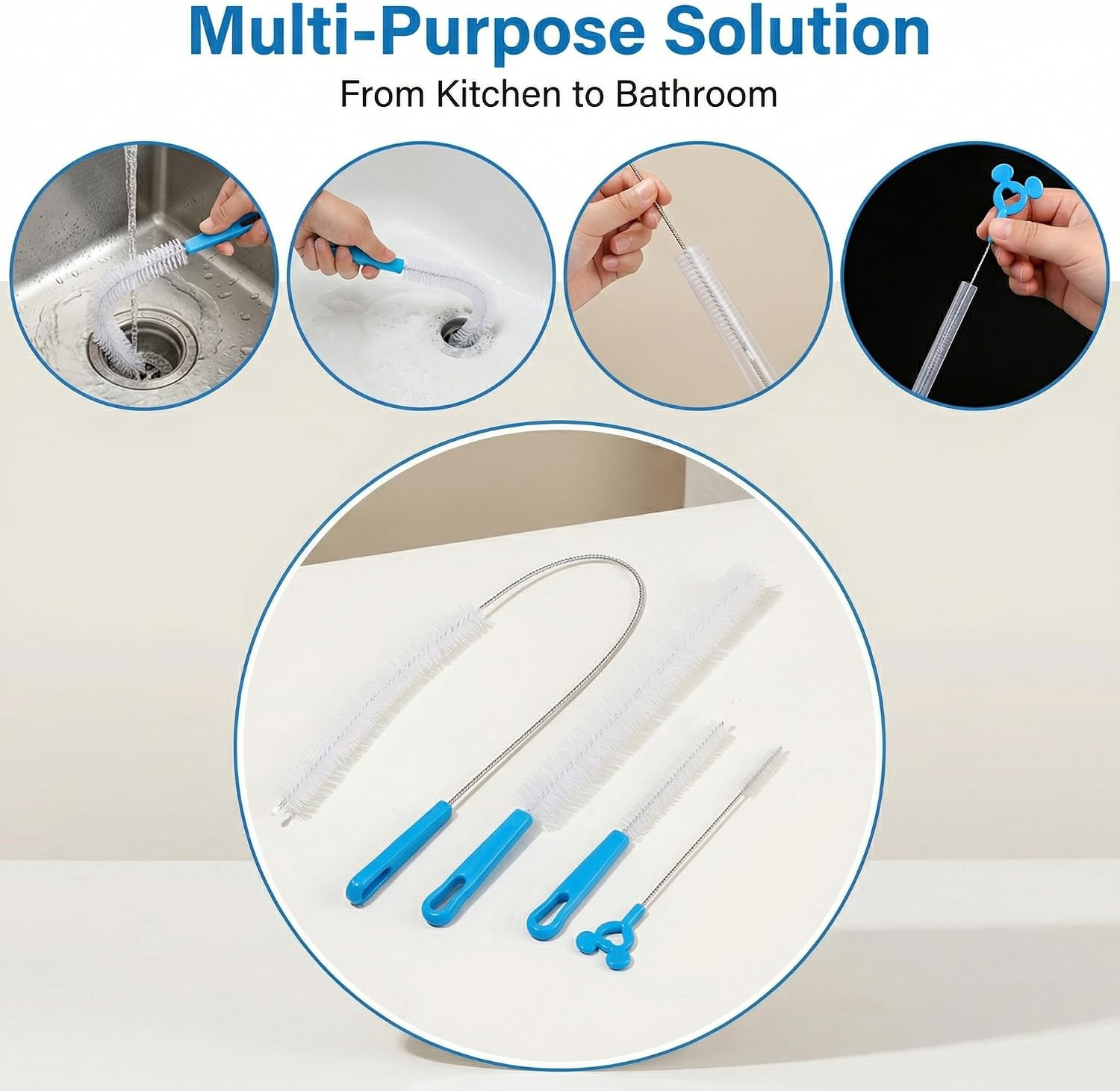 Flexible Drain Cleaning Brush Set, Long Pipe Cleaner for Kitchen Sink, Shower, T