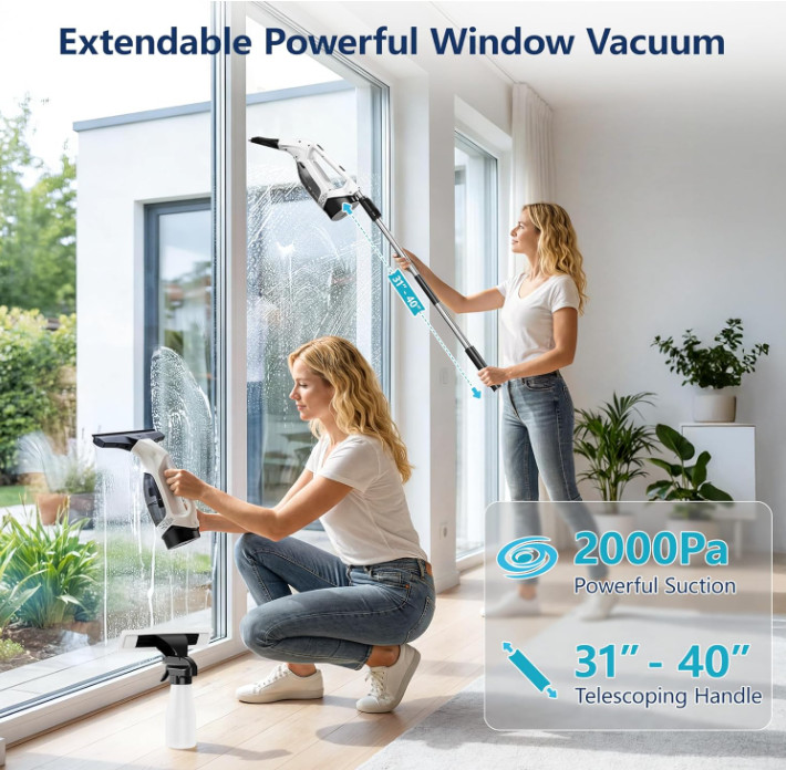 Limpiador Eléctrico Ventanas 2000Pa Con Palo Extensible Y Depósito 150ML