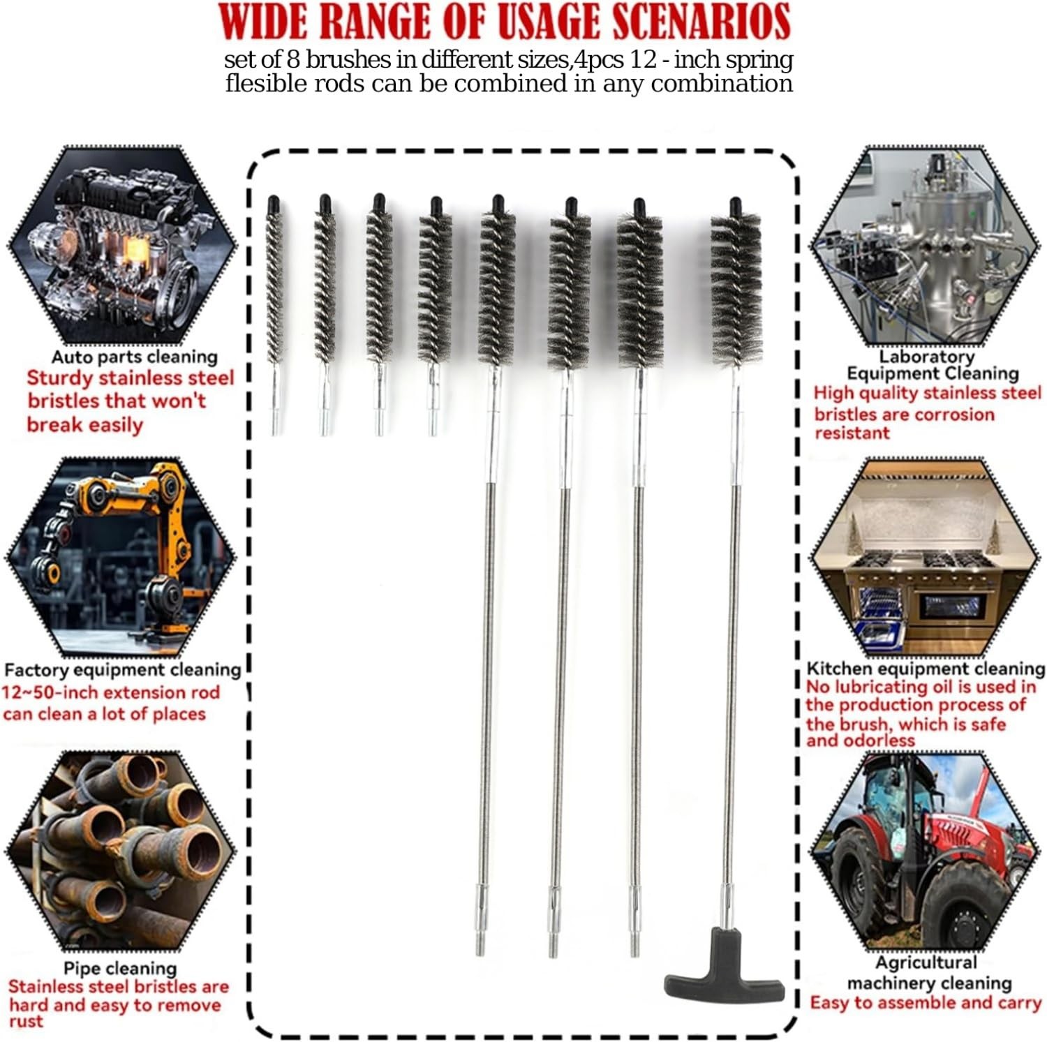 50 in Pipe Cleaning Brush Set with Stainless Steel Bristles, Wire Brush with …