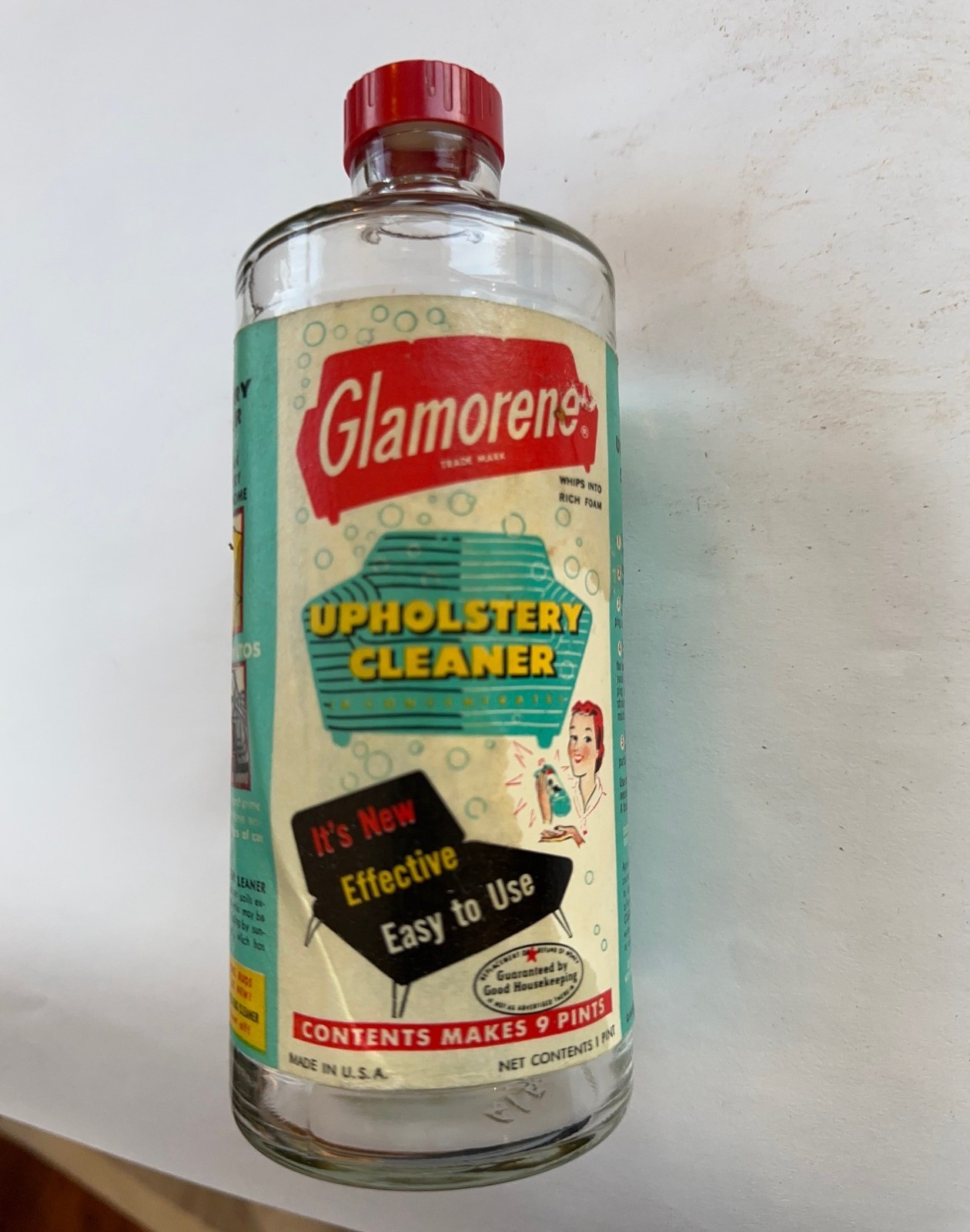 Vintage Glamorene Upholstery Cleaner One Pint Bottle With Lid. No contents.