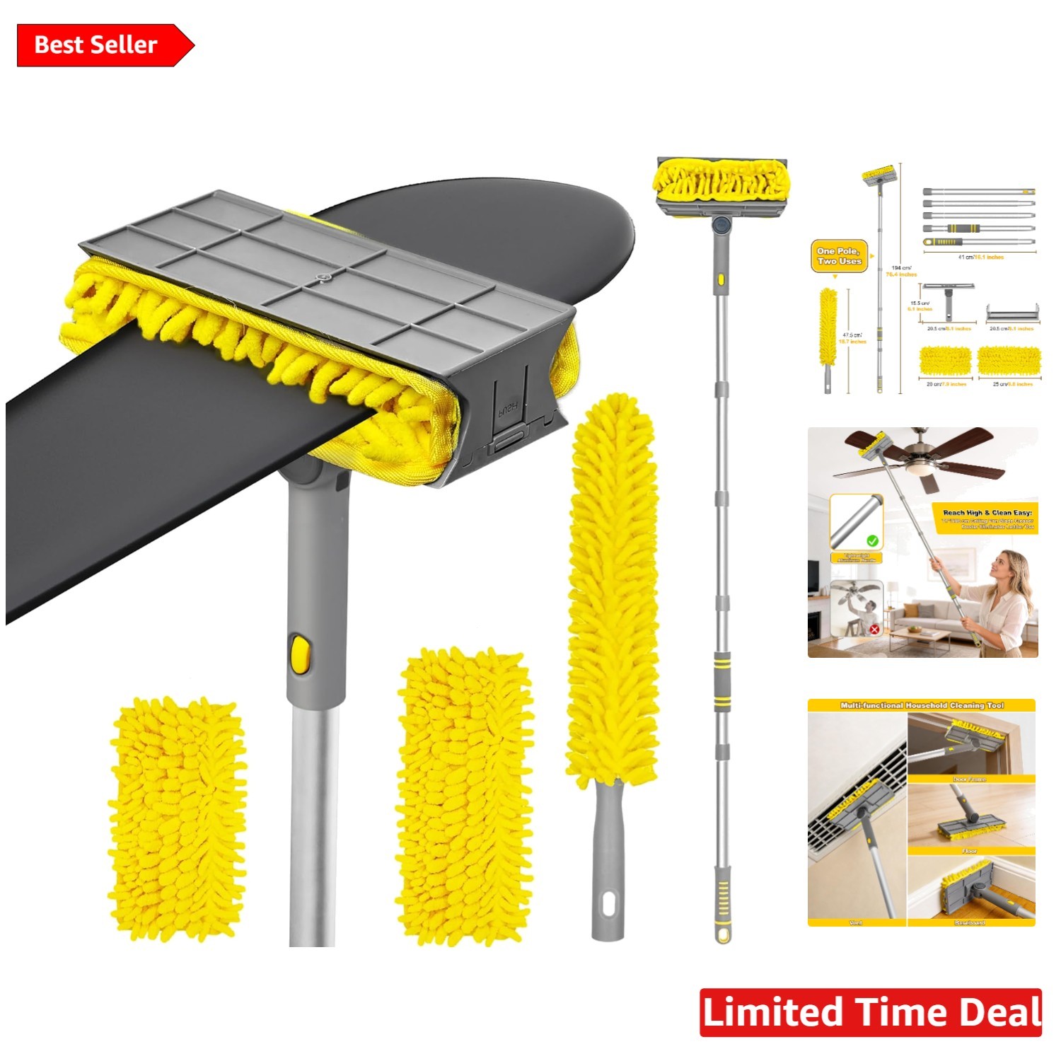 Effortless 77″ Extendable Ceiling Fan Duster with 360° Rotatable Cleaning Head