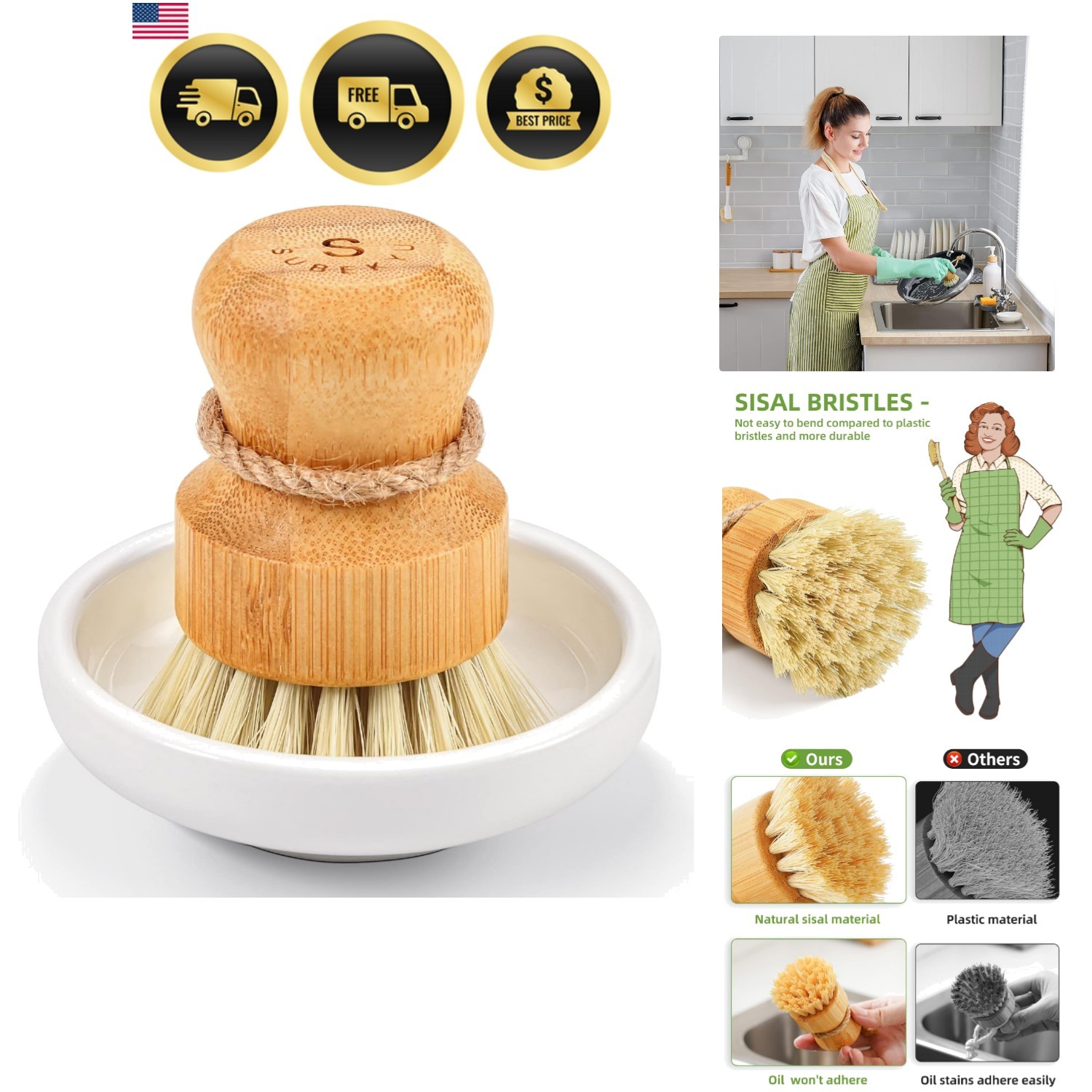 Bamboo Dish Scrub Brush for Kitchen Sink, Natural Wooden Washing Dish Brush S…