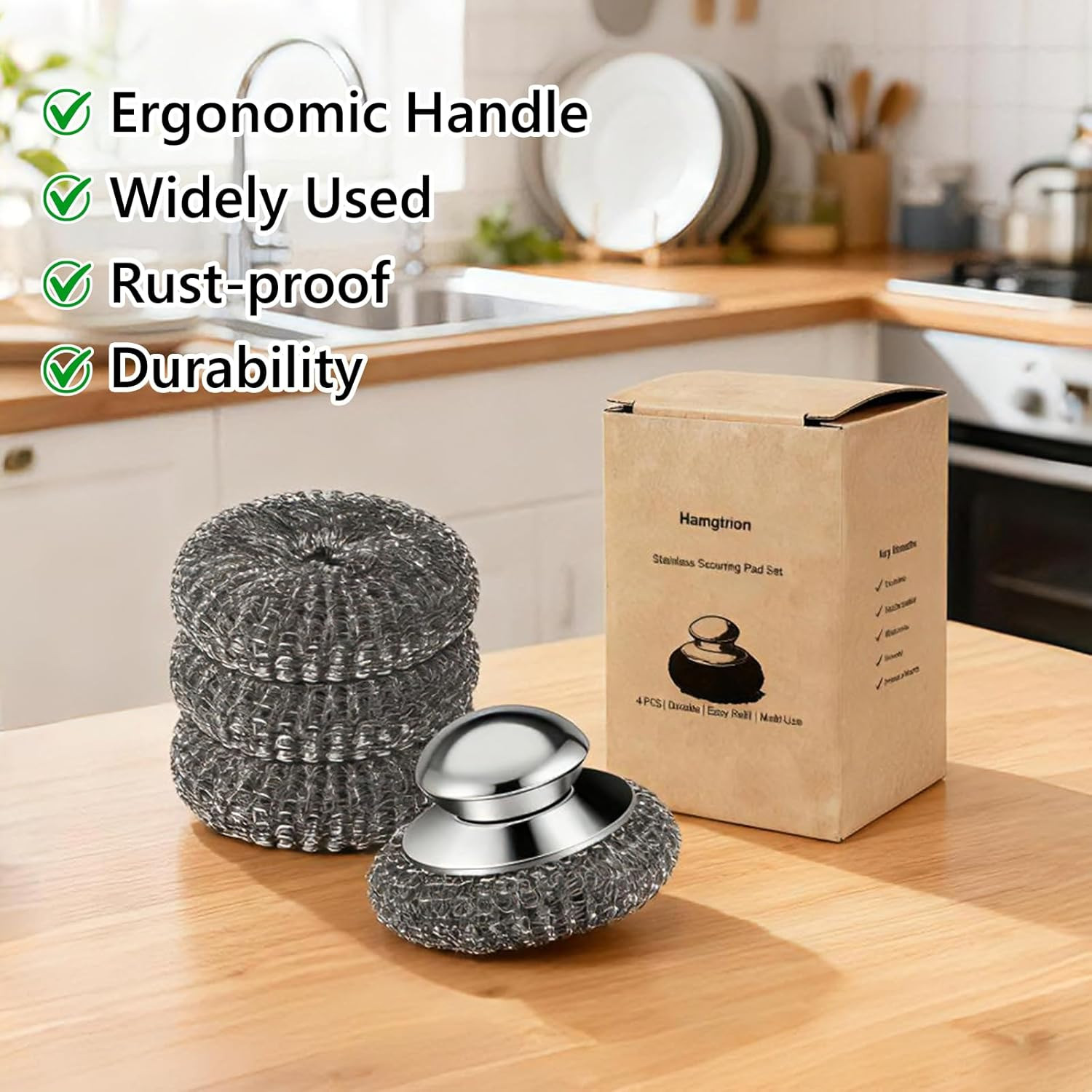 Steel Wool Scrubber, 4-Pack Stainless Steel Scrubber Pads with Handle – the Ulti