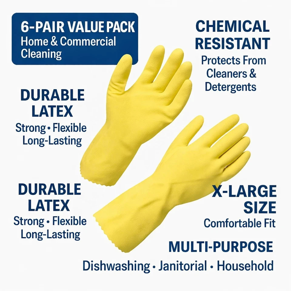 6 Pair Yellow Latex Dishwashing Gloves XLarge – Chemical Resistant Cleaning Grip