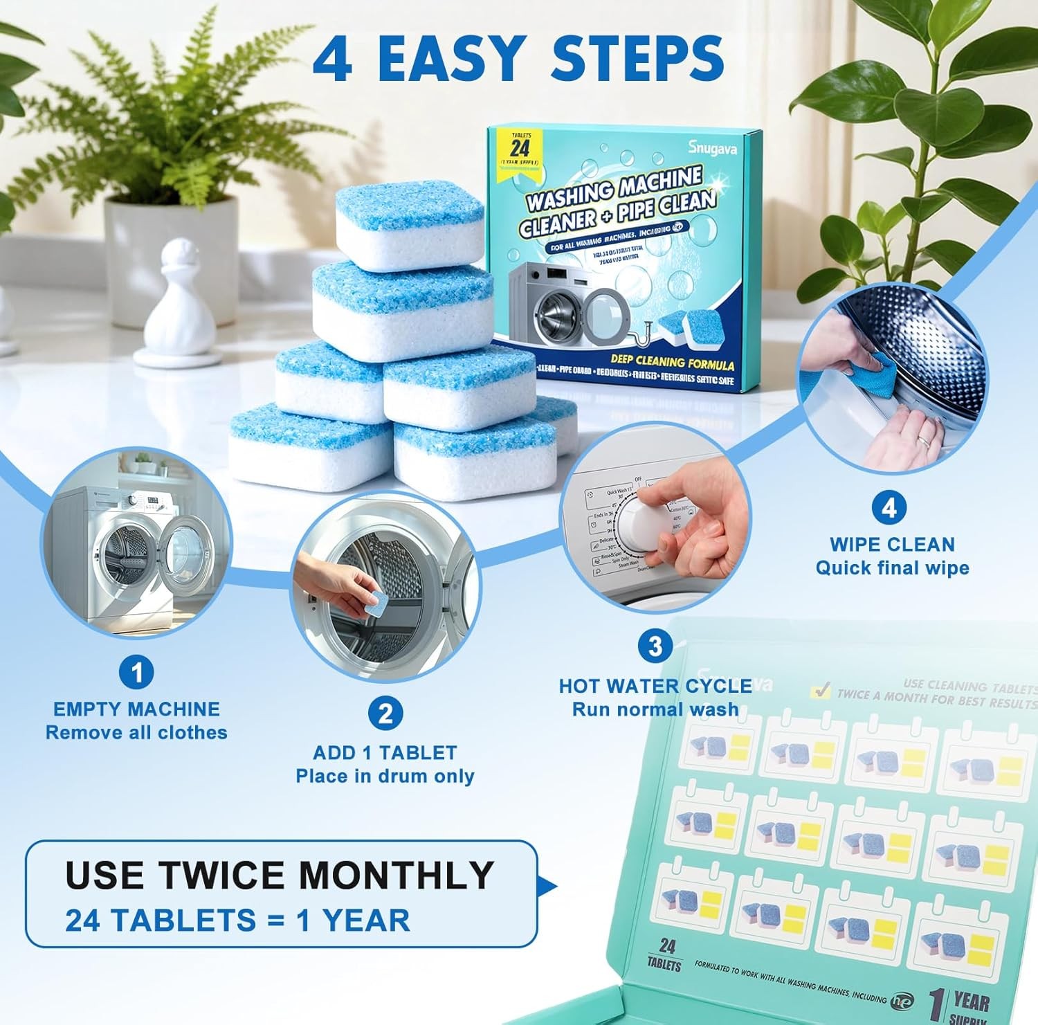 Washing Machine Cleaner Tablets Descaler Deodorizer 24 Pack Front Top Load