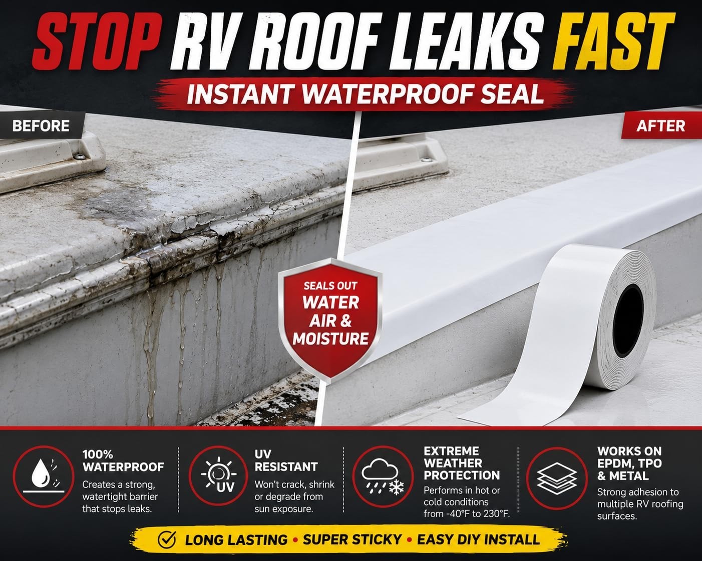 4″ x 55′ Waterproof RV Roof Seal Tape – UV Resistant Butyl Sealant for DIY Repai