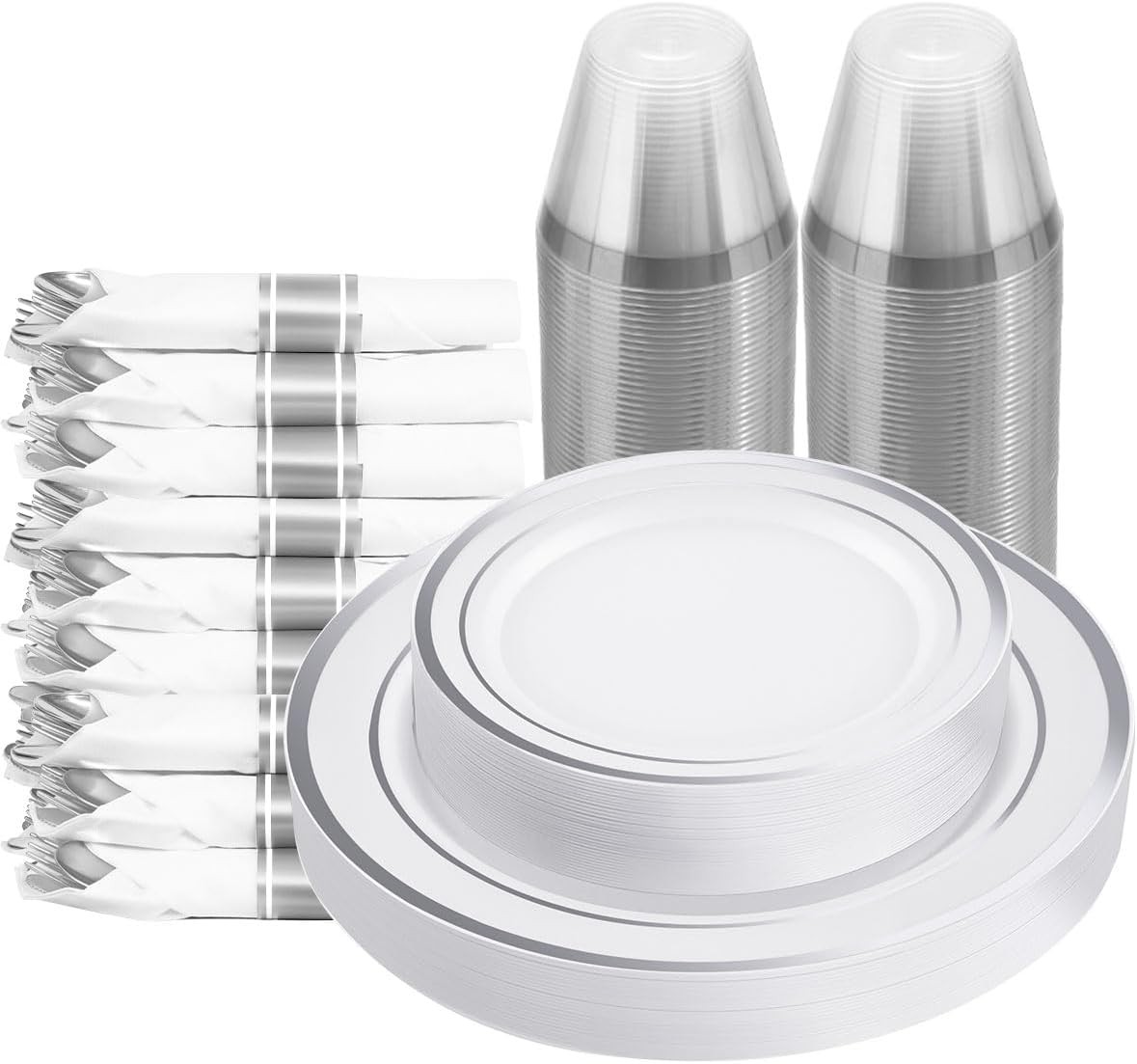 175 PCS White and Silver Plastic Dinnerware Set for 25 Guests, 50 Disposable P