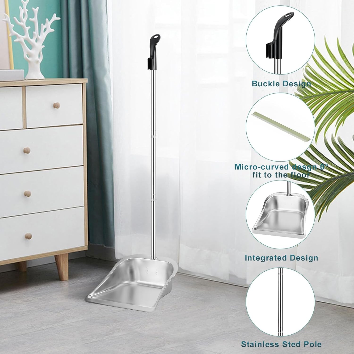 Long Handled Dust Pan and Broom Set for Home, Heavy Duty Metal