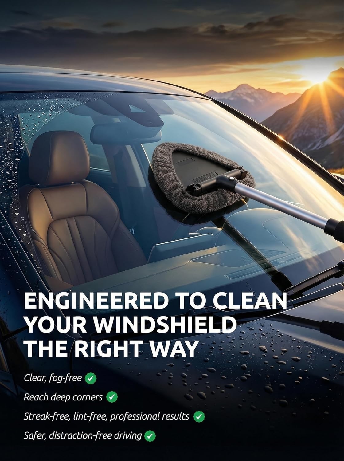 Extendable Car Window Cleaner with Adjustable Head & 3 Microfiber Bonnets – Grey
