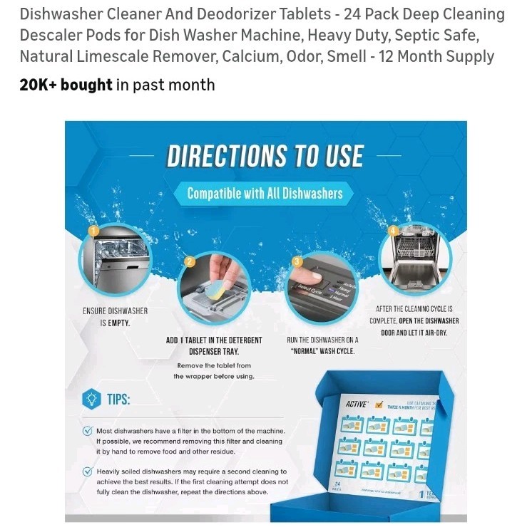 Active Dishwasher Cleaner 24 Tablets Formulated to Deep Clean NEW in Sealed Box