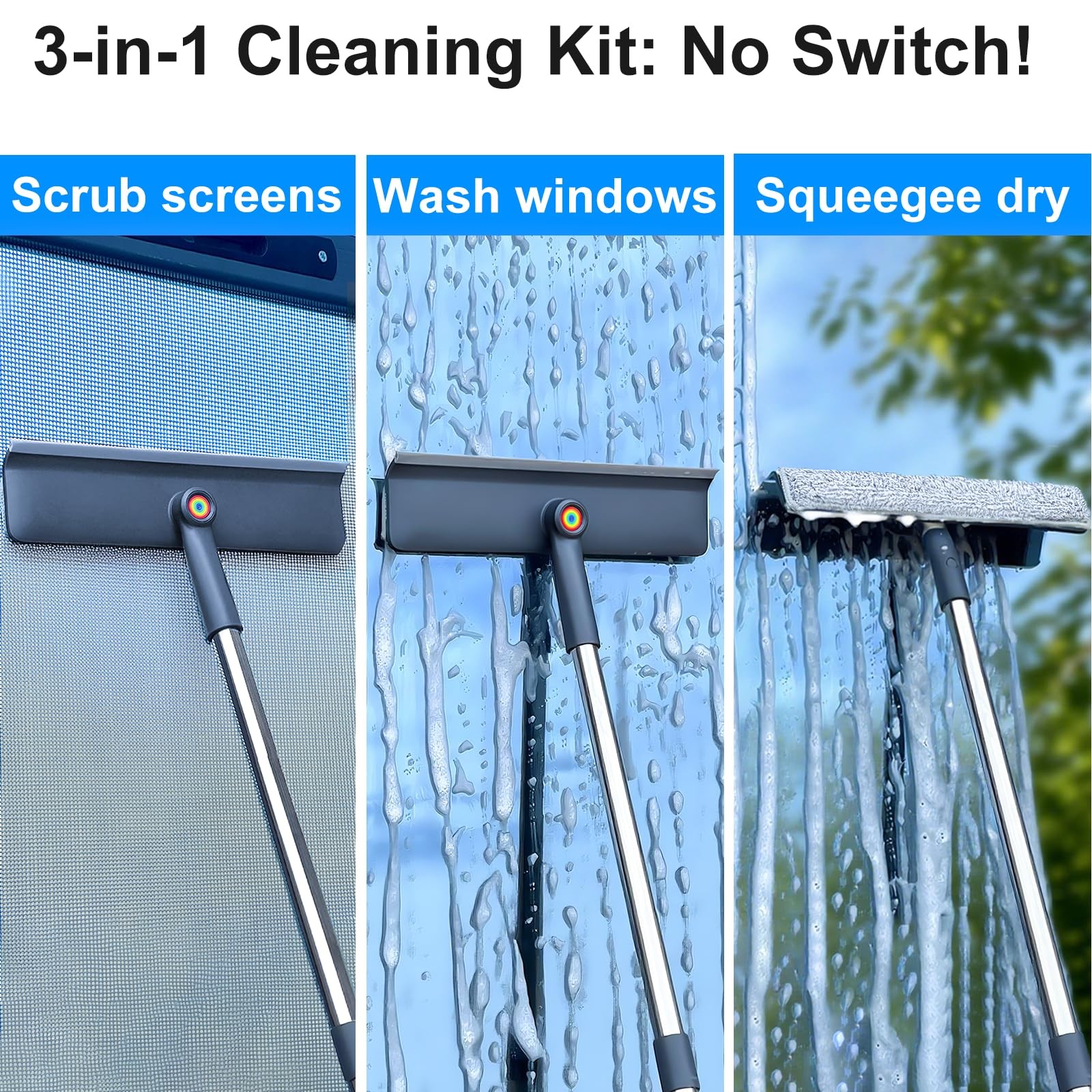 3-in-1 Window Squeegee for Home – 60″ Window Cleaning Kit with 3 Microfiber C…