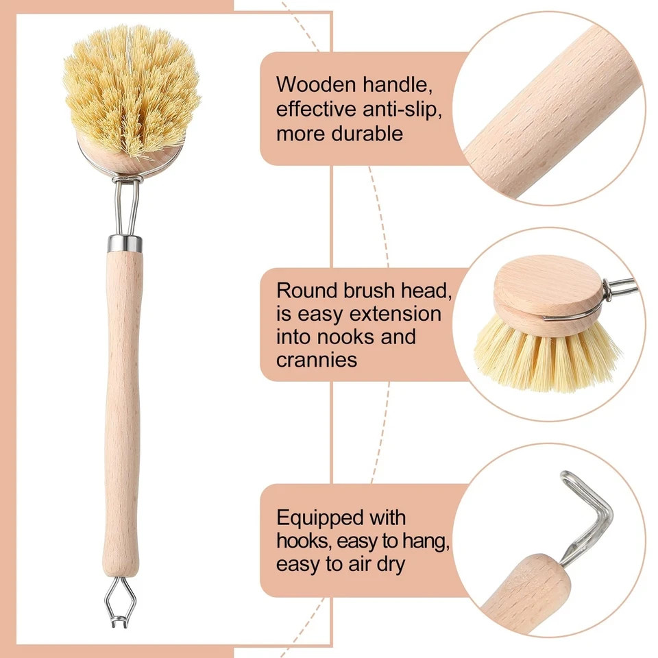 Maxdot 4 Pcs Kitchen Dish Brush with Beechwood Handle Natural Wooden Handle S…