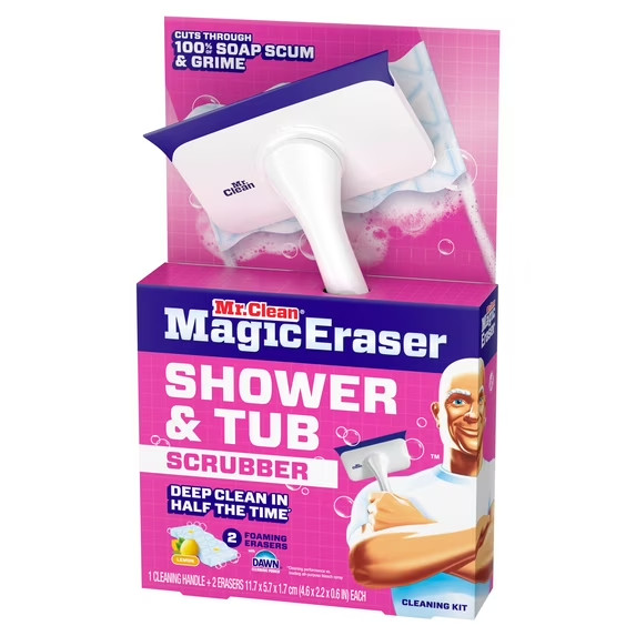 Mr. Clean Shower & Tub Scrubber, Starter Kit, 1 Scrubber & 2 Erasers