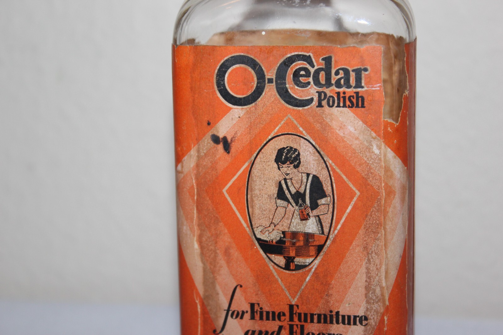 Antique O-CEDAR Polish Glass Bottle Paper Lable Wood Stopper Cap Advertising