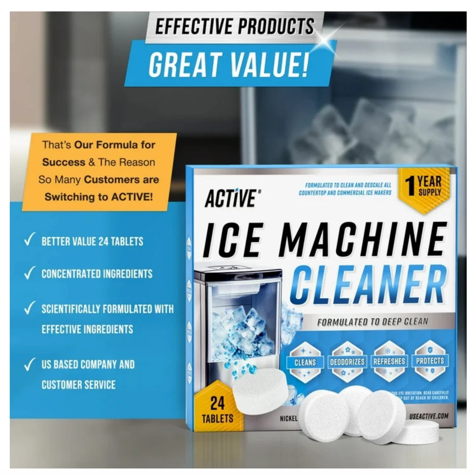 Active – ICE Machine Cleaner – 24 Pack – 12 Month Supply – SEALED