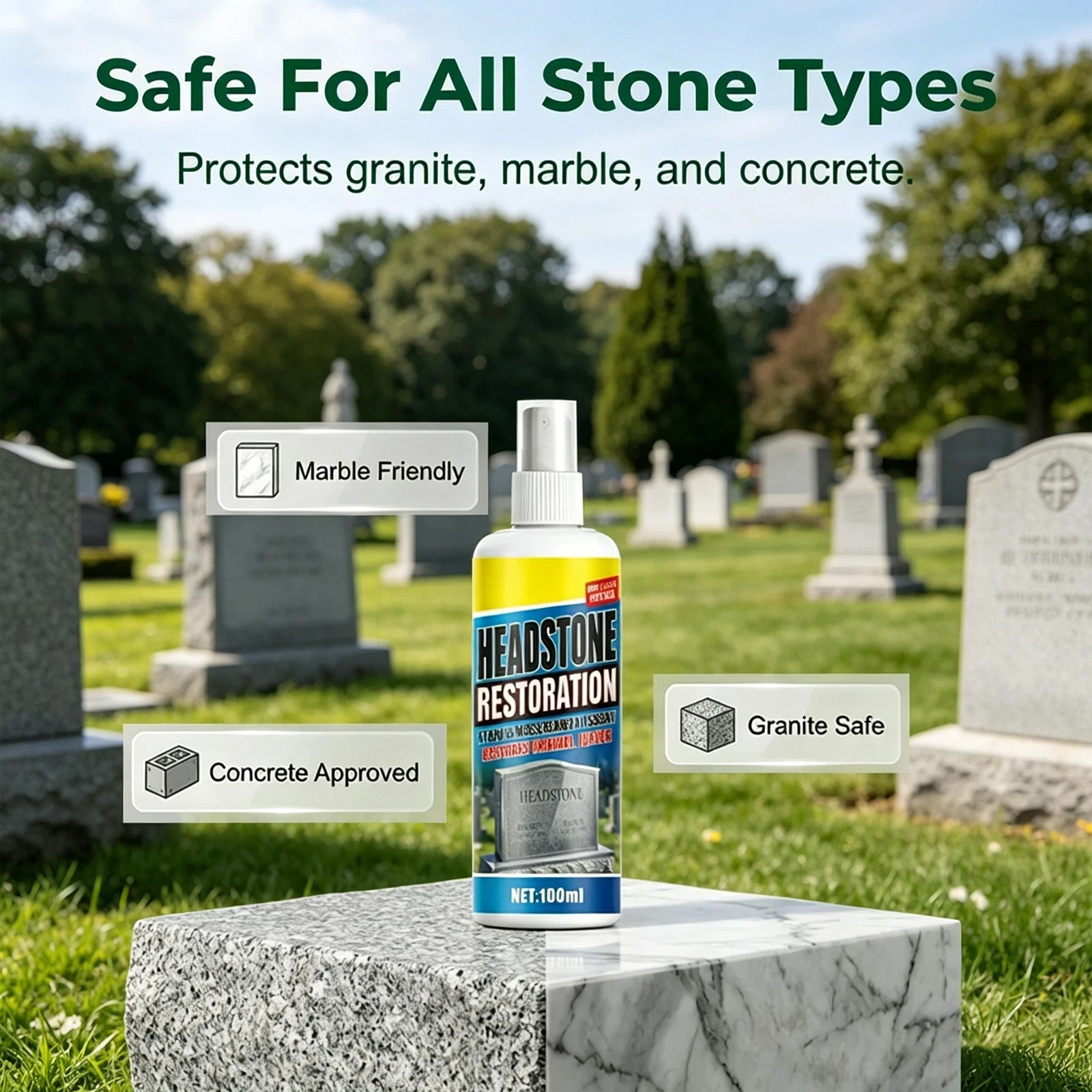 Headstone Cleaner Spray for Granite Marble Tombstone 100ml with TowelView Sold H