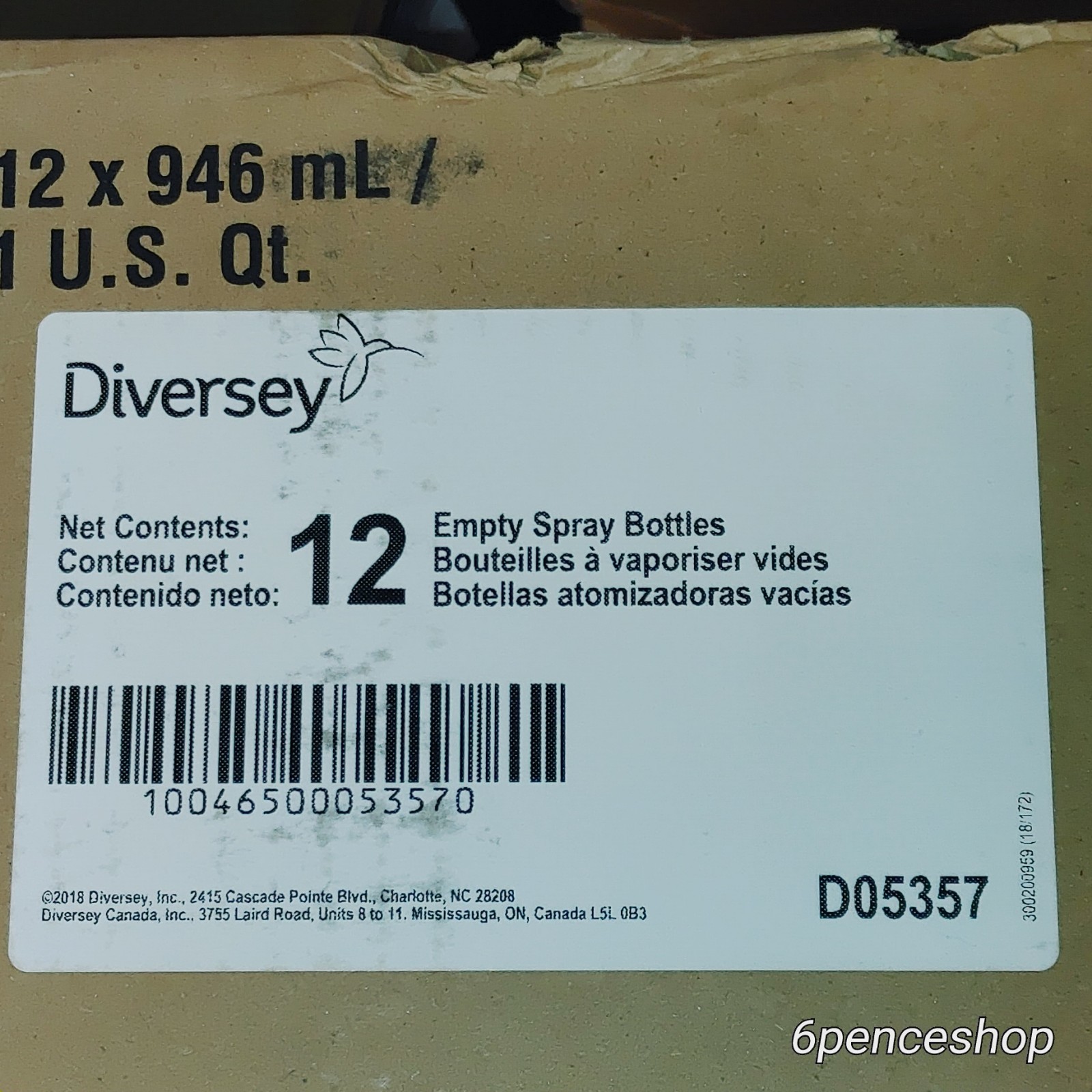 lot of 12 DIVERSEY D05357 Empty Spray Bottle, White, 32 oz, 12/Case