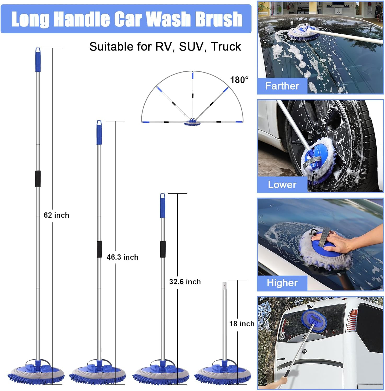 62″ Microfiber Car Wash Brush with Long Handle, Car Washing Blue Set Mitt, Spong
