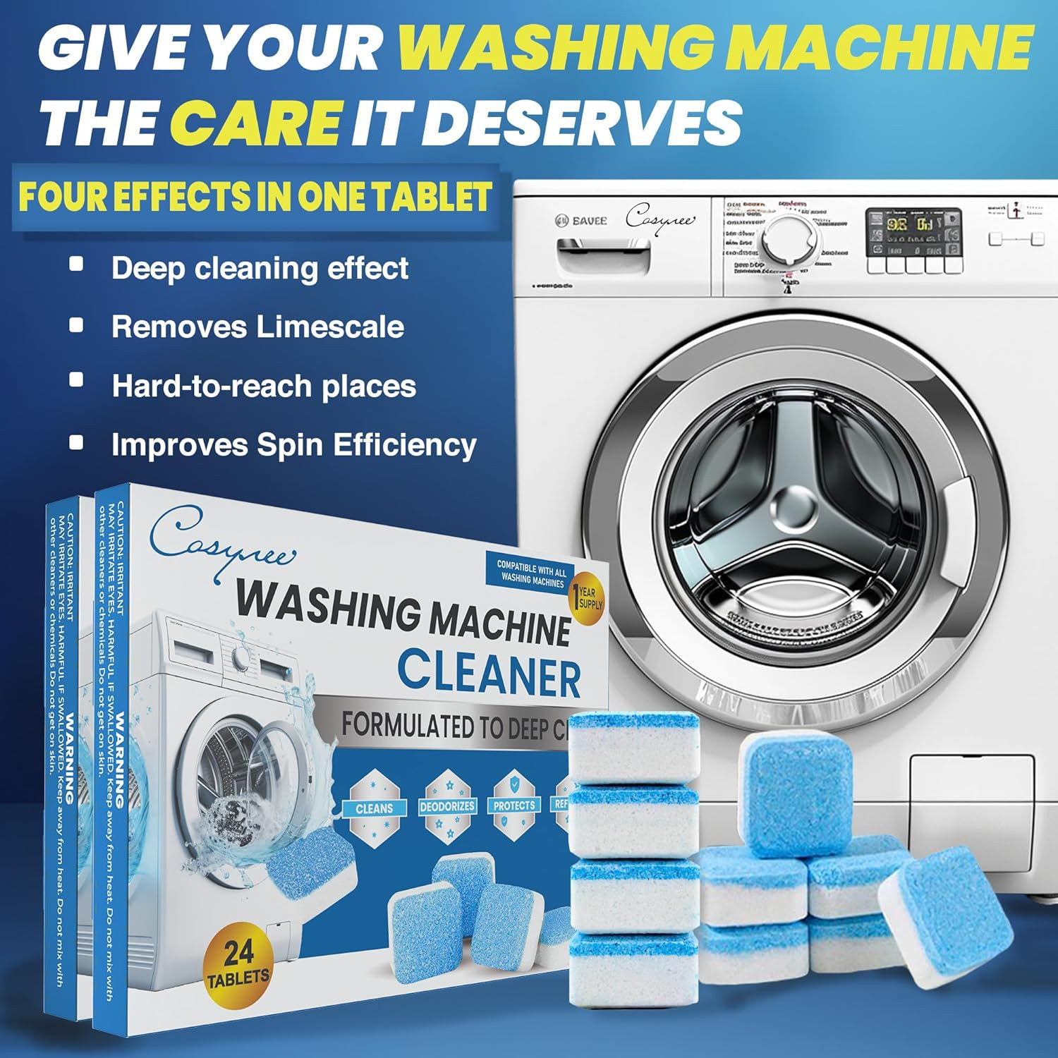 24 Pack Washer Cleaner Tablets Deep Clean Deodorizer & Descaler for All Machines
