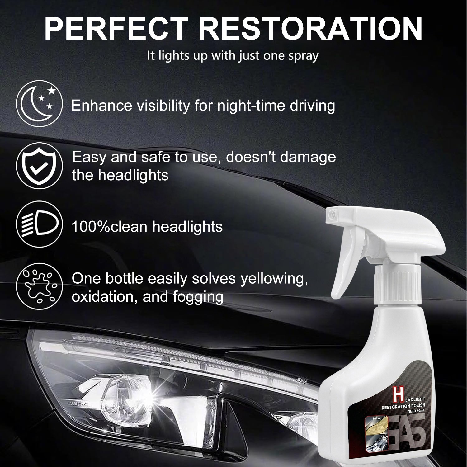 Automotive Headlamp Restoration Fluid Kit 180ml Headlight Polishing Cleaner Kit