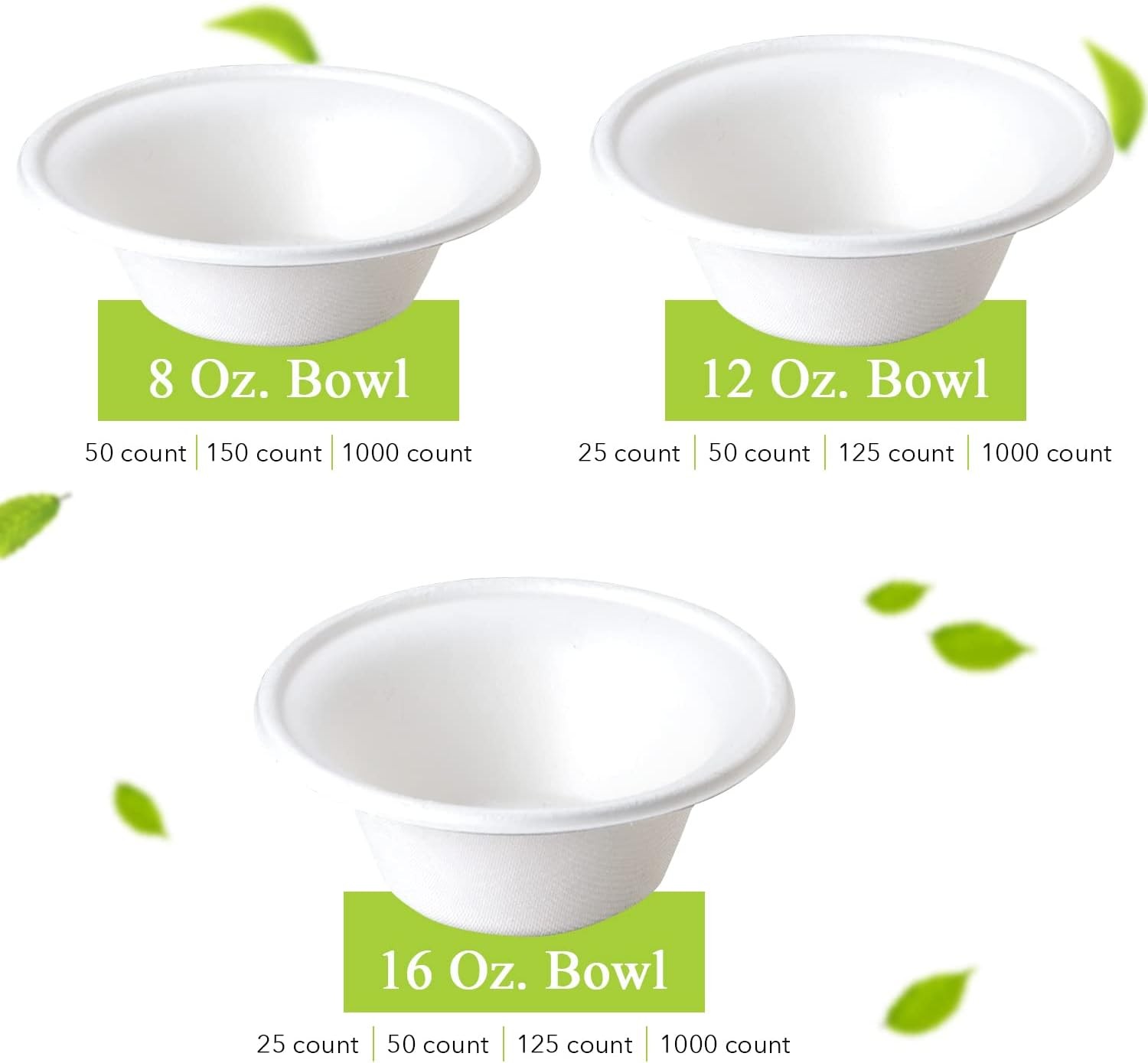 three leaf 8OZ. (240ml) BAGASSE BOWL, 1000 Ct. Heavy-Duty- Super Strong- Natur