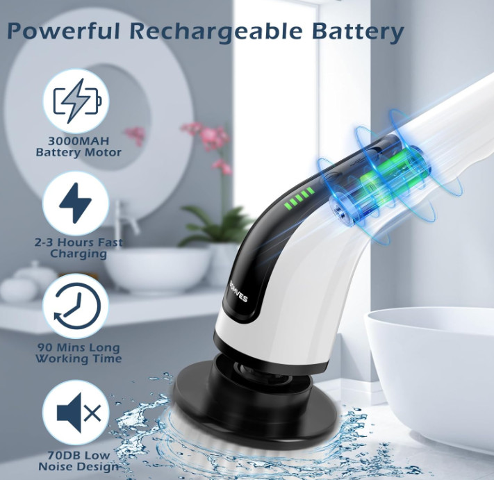 Cepillo Eléctrico de Limpieza Inalámbrico con Mango Extensible y 7 Cepillos IPX7