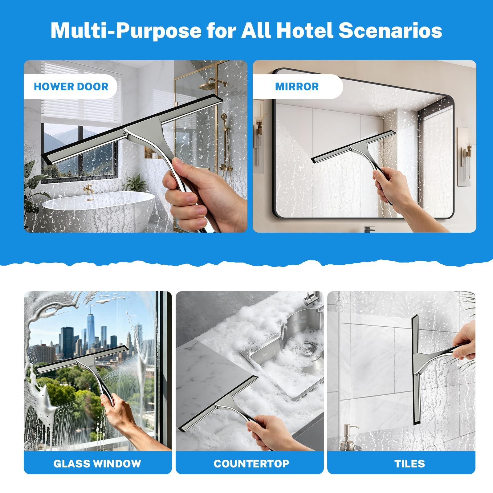 All-Purpose Stainless Steel Squeegee, 10 Inch Silver Shower Squeegee with 1 A…
