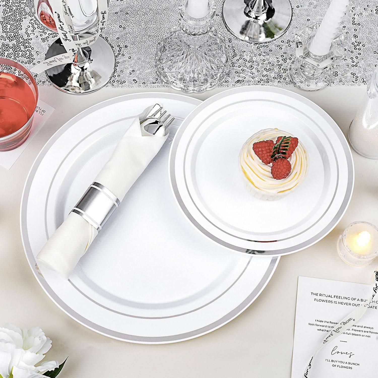 175 PCS White and Silver Plastic Dinnerware Set for 25 Guests, 50 Disposable P