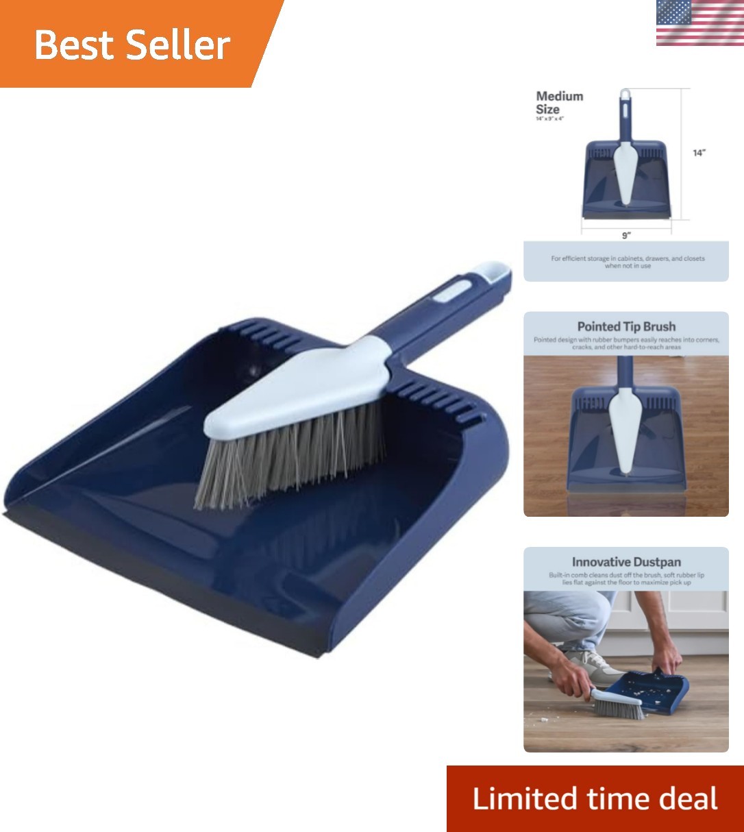 Wayclean Handheld Angled, Medium, Grey Dustpan and Brush Set, Green and Taupe