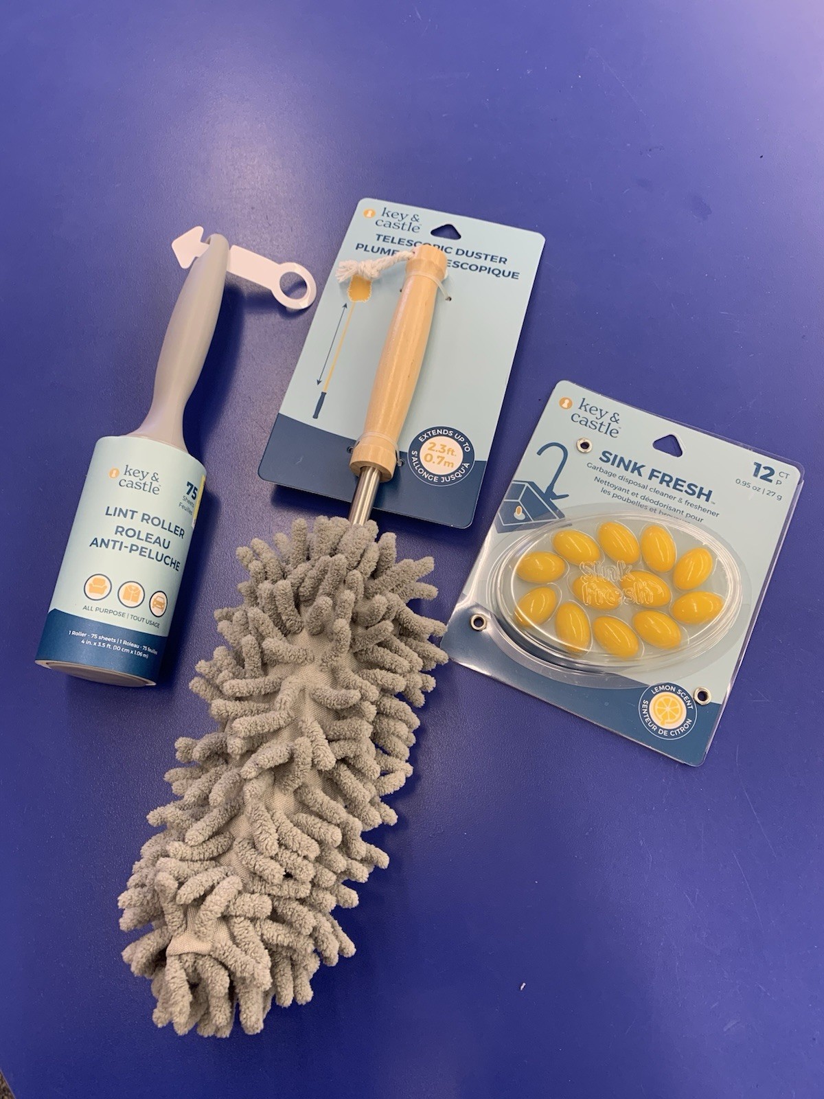 Cleaning Kit -Telescopic Duster, Lint Roller, And Garbage Disposal Drop-ins.