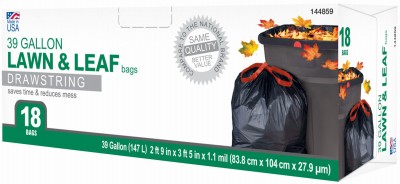 Lawn & Leaf Drawstring Trash Bags, Black, 39 Gallons, 18-Ct. – 1942878