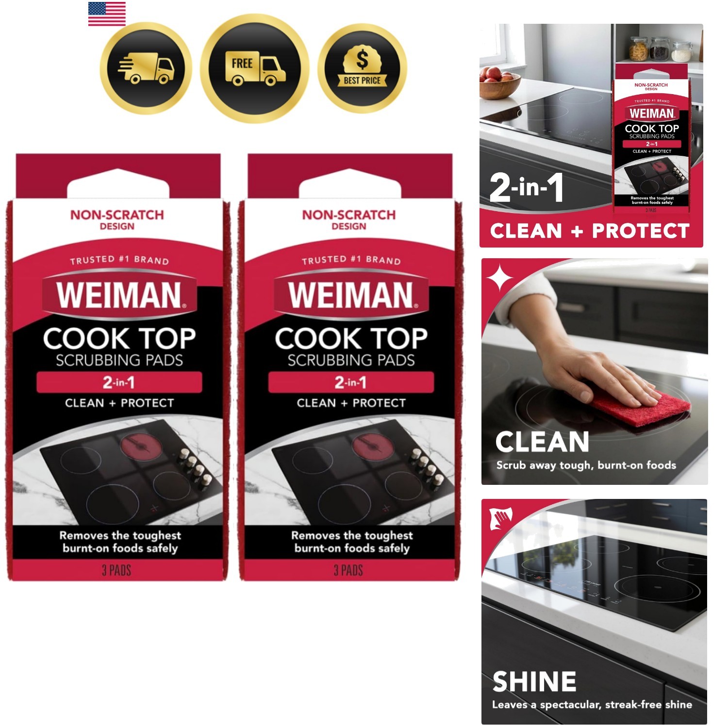 Cook Top Scrubbing Pads, 3 Count, 2 Pack Cuts Through the Toughest Stains – S…