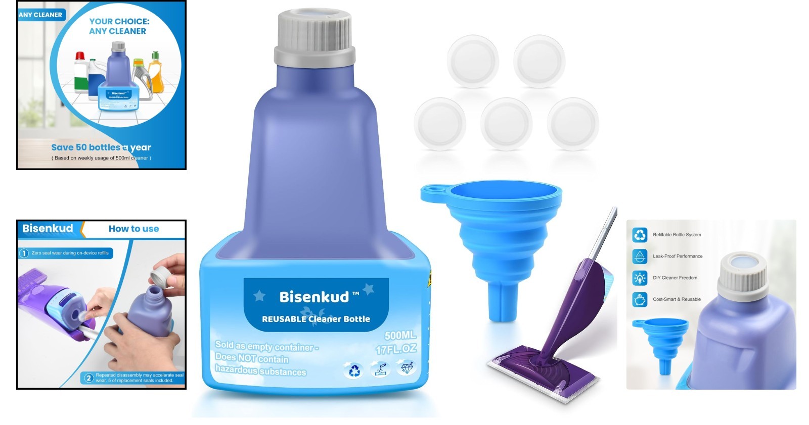 Refillable 17 FL OZ HDPE Cleaning Bottle for Swiffer WetJet – No Spill Design