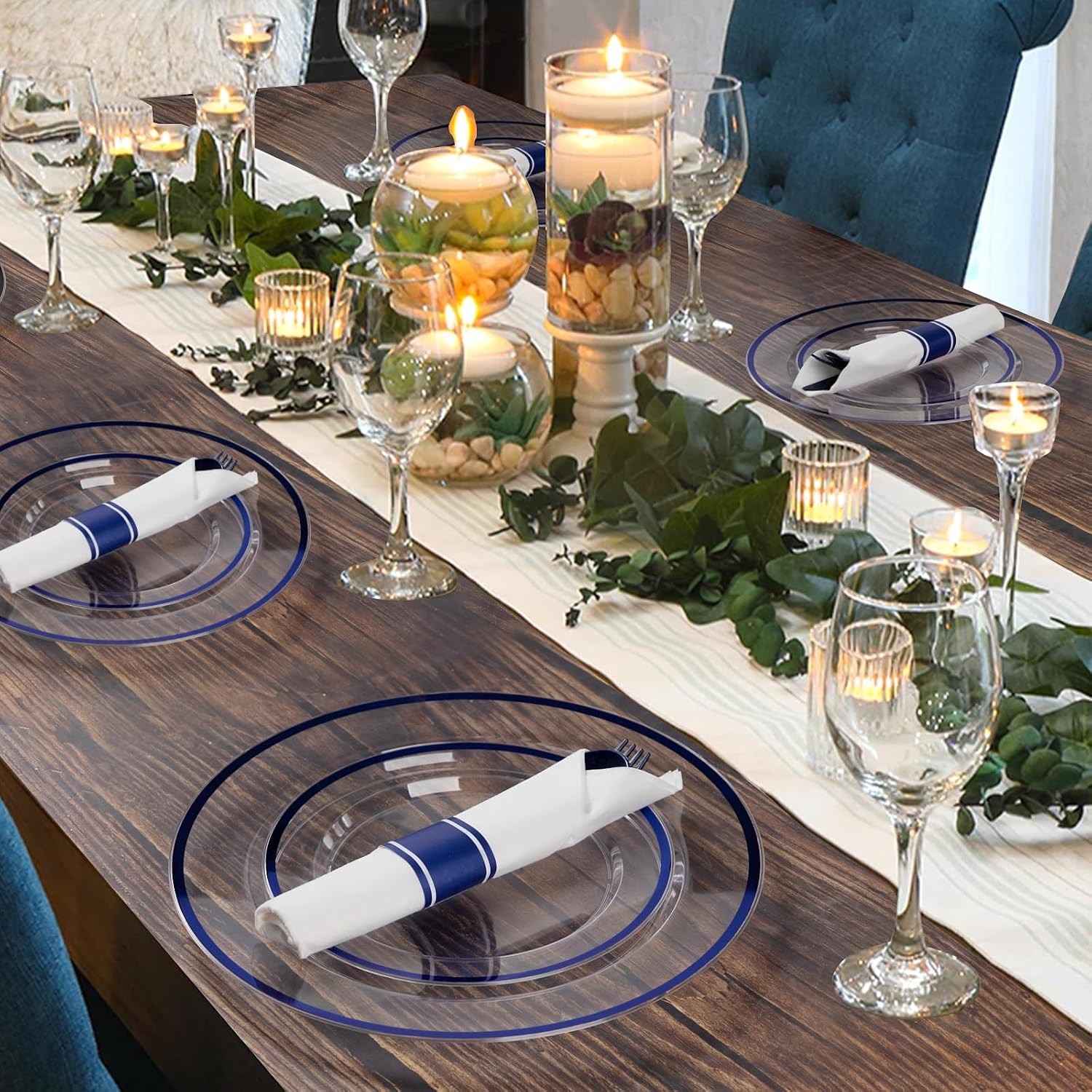 Goodluck 350 Piece Dark Blue Plastic Dinnerware Set for Party, Clear Disposabl