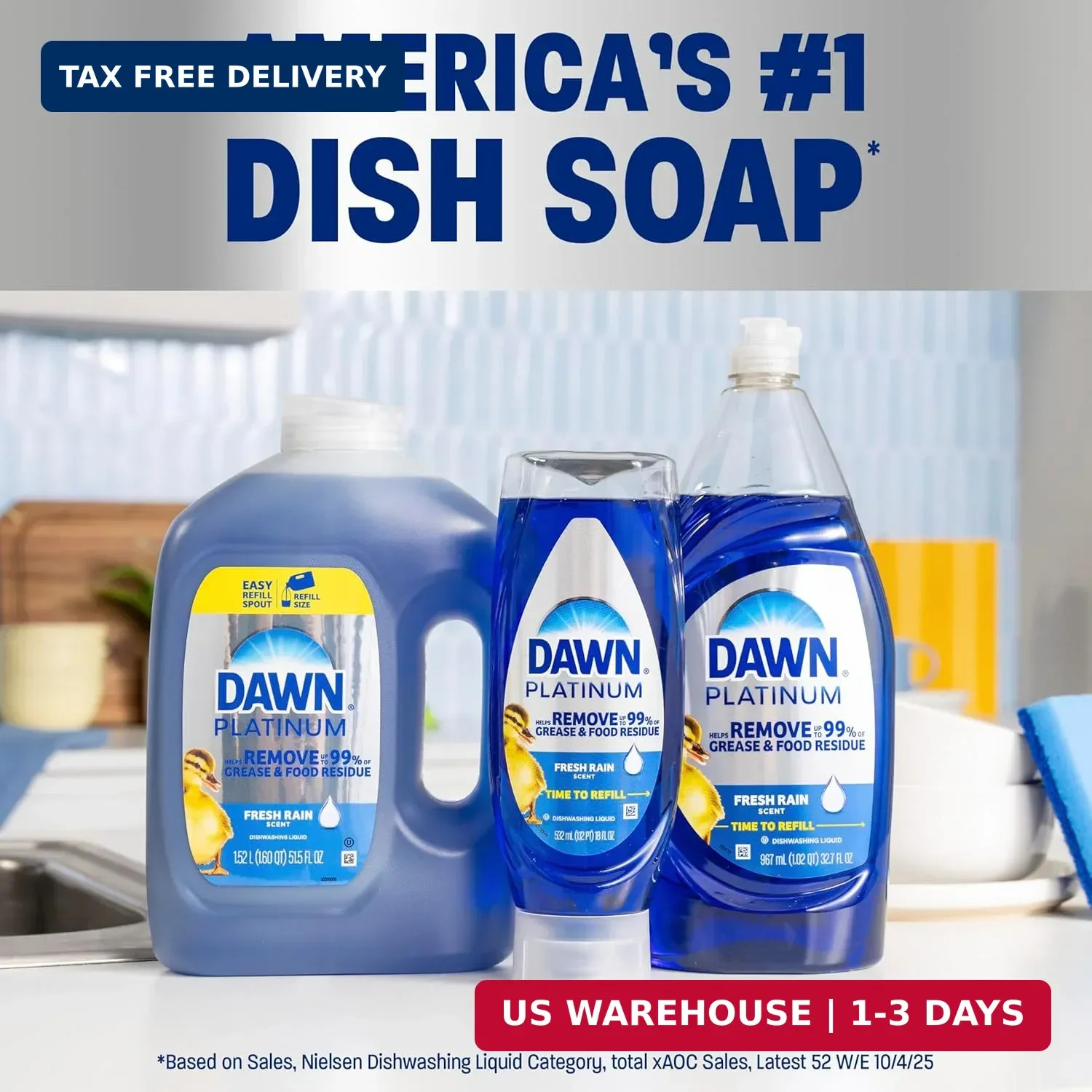 Dawn Platinum Dish Soap, Fresh Rain Scent Liquid Dishwashing Detergent, Powerful