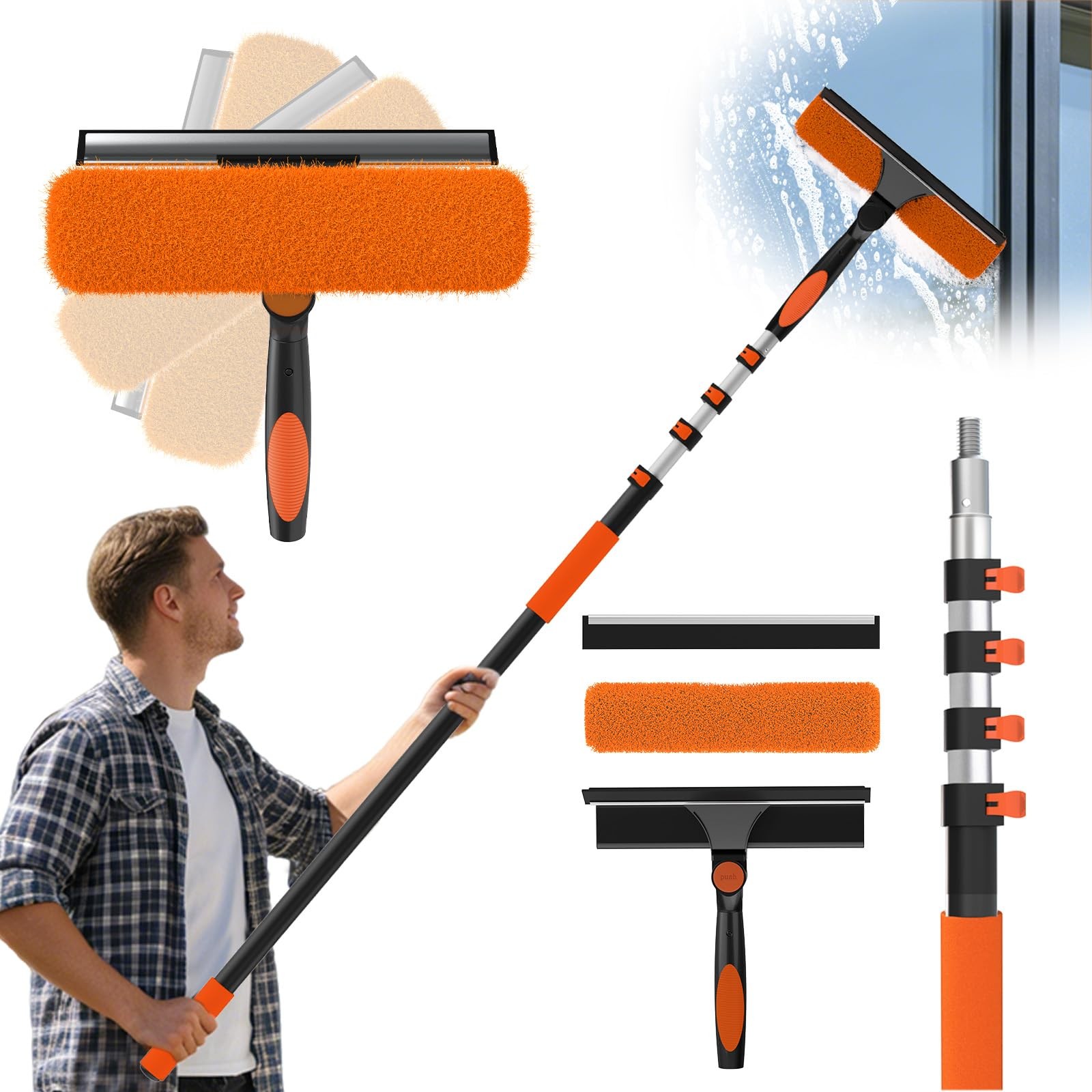 25FT Reach Window Squeegee Kit with Extension Pole, 2-in-1 Professional Washe…