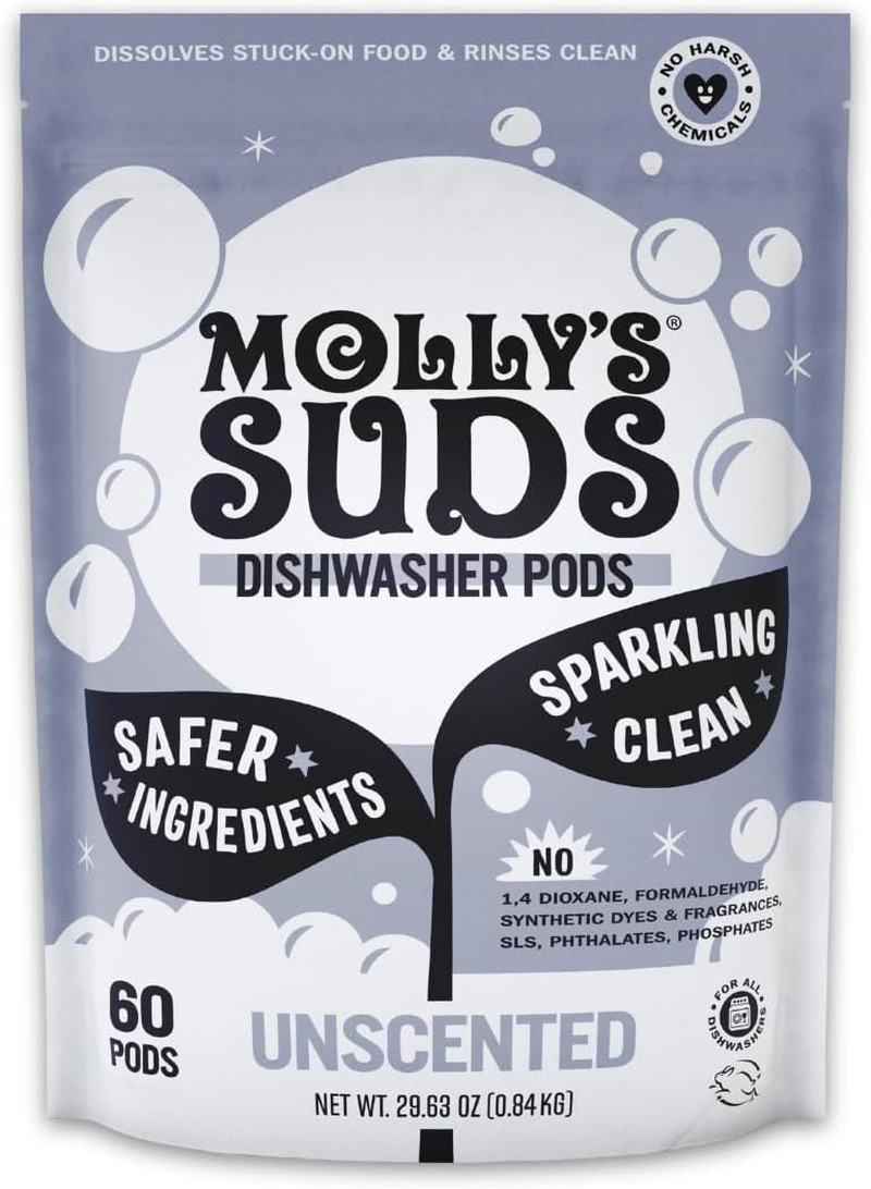 Molly’s Suds Dishwasher Pods Unscented 60 Tabs Residue-Free Auto Release