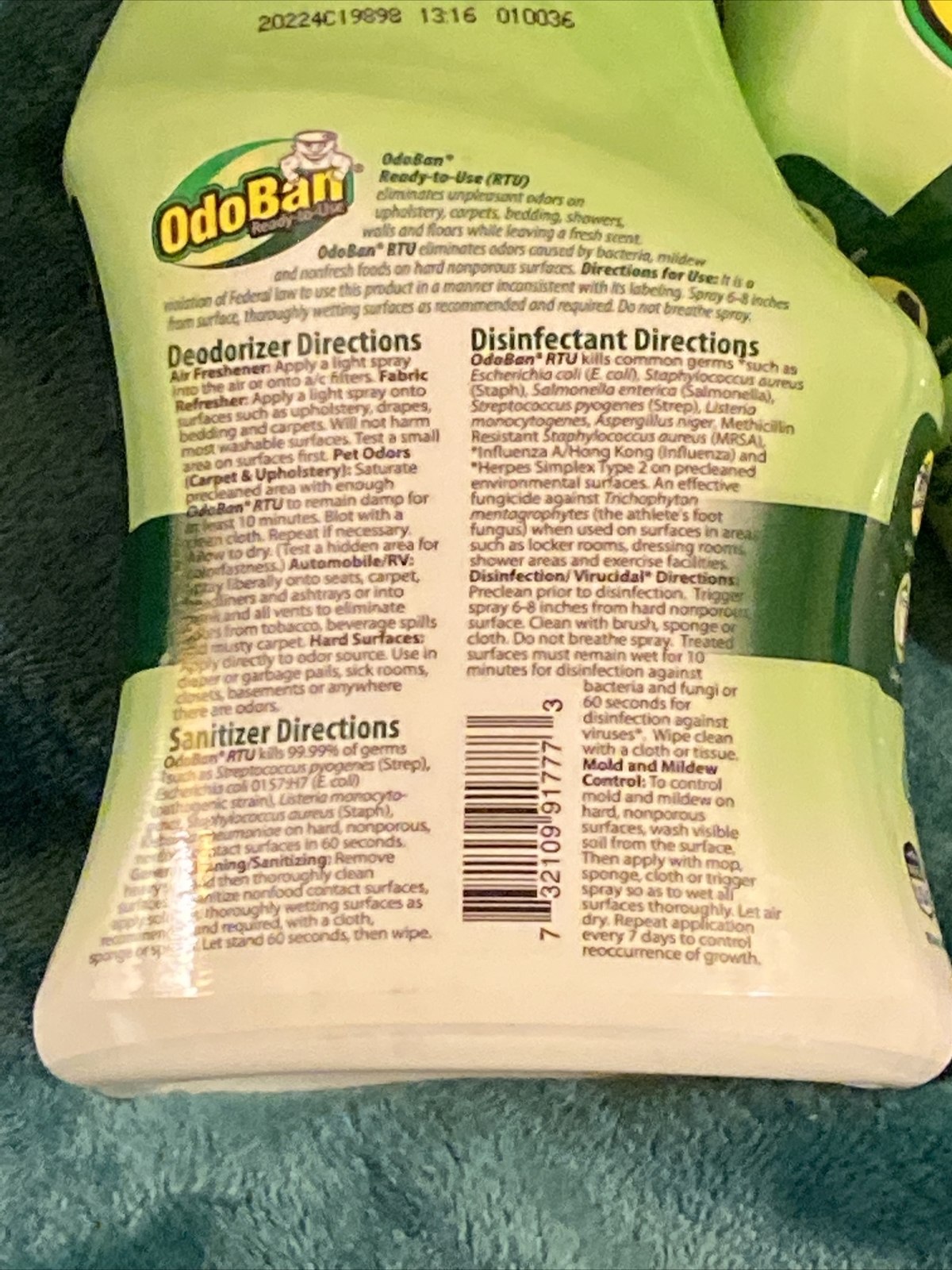 2x OdoBan Disinft Fabric Air Spray Kills 99.9 on Multi Surfaces 27 oz Bottles