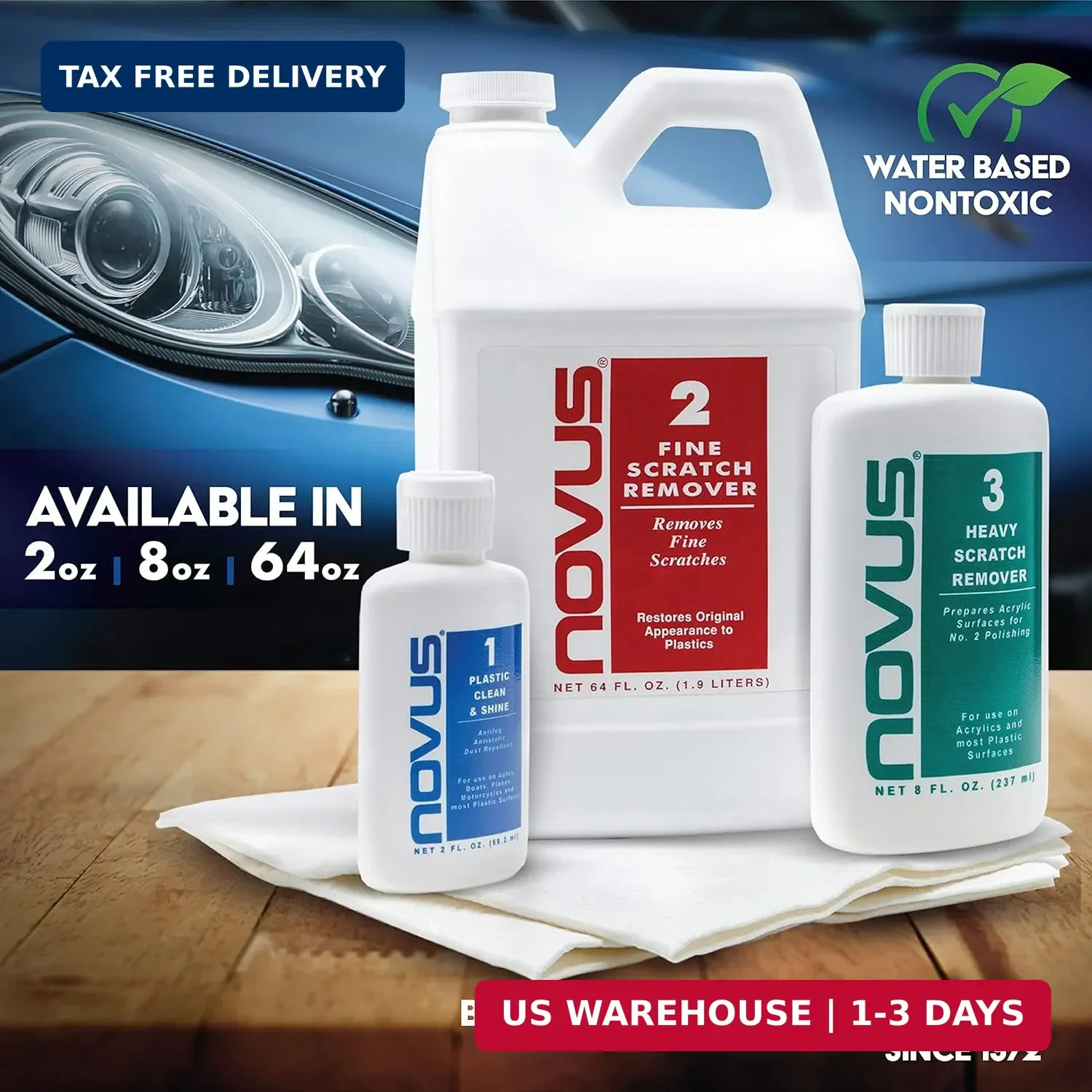 NOVUS-PK1-2 | Plastic Clean & Shine #1, Fine Scratch Remover #2, Heavy Scratch R