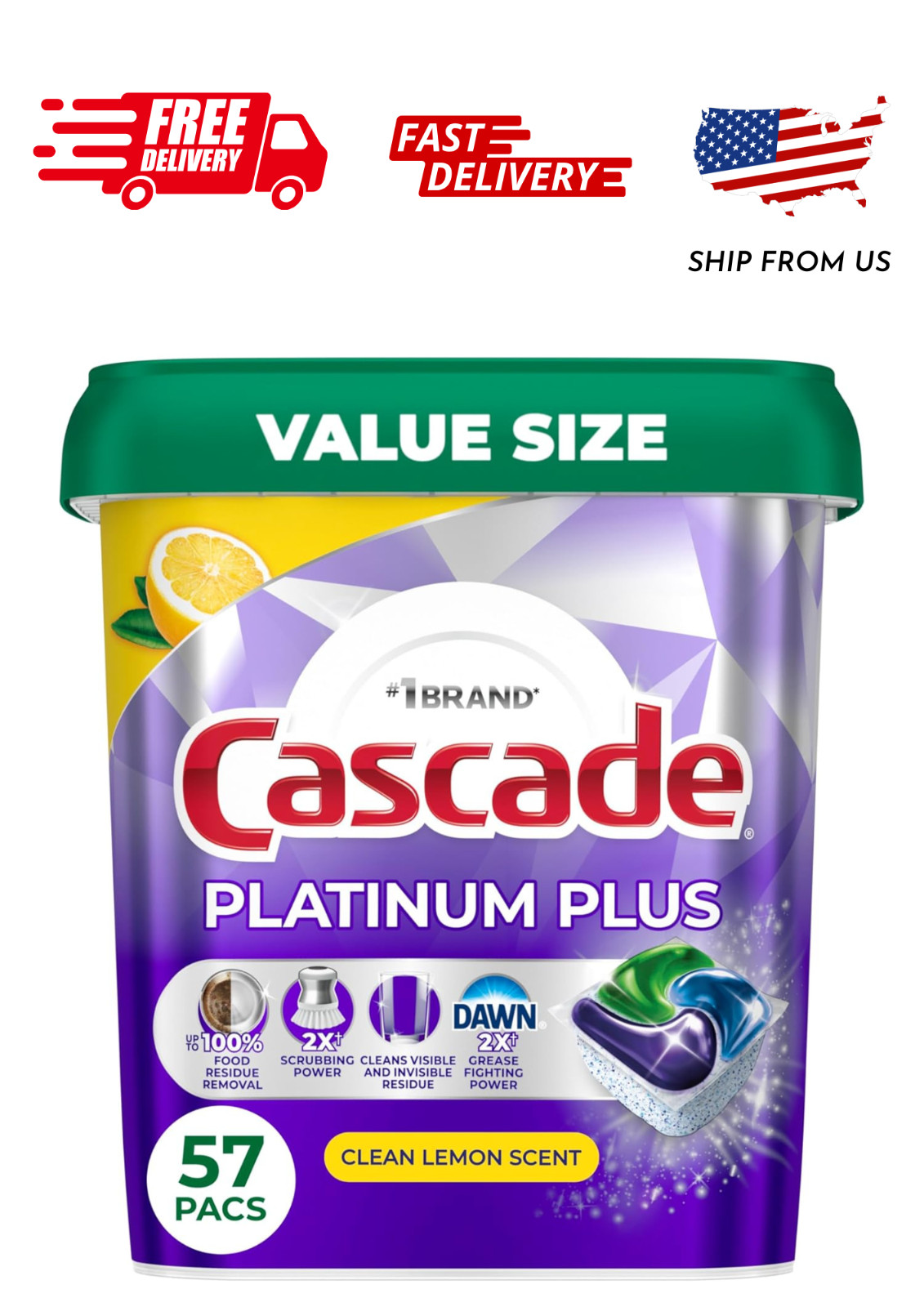 Cascade Platinum Plus Dishwasher Pods, Lemon, 57 Count