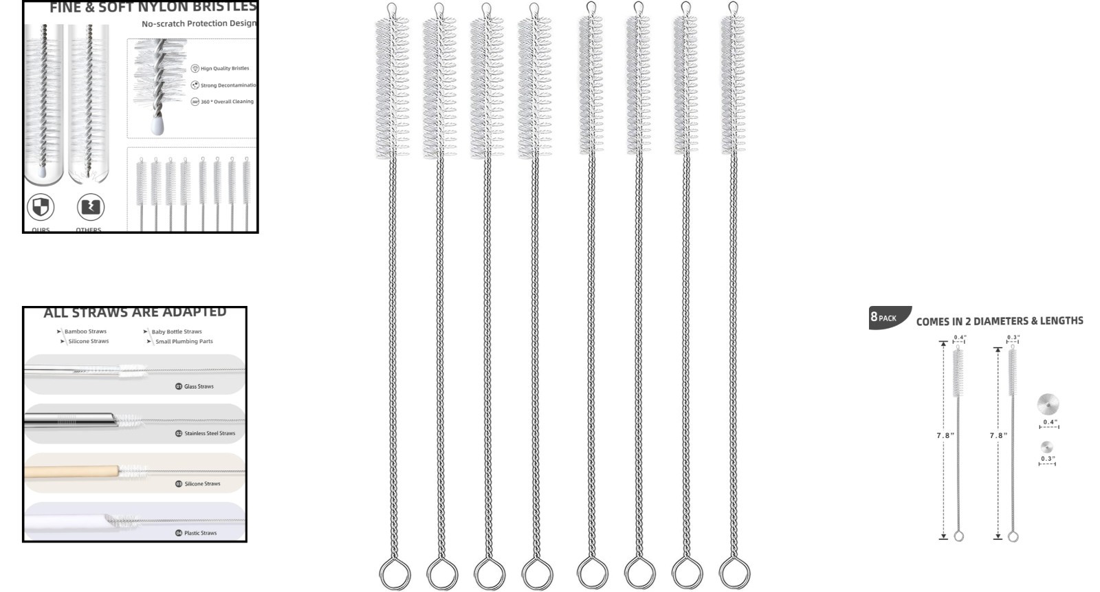 8 Piece Stainless Steel Straw Cleaner Brush Set for Tumblers and Bottles