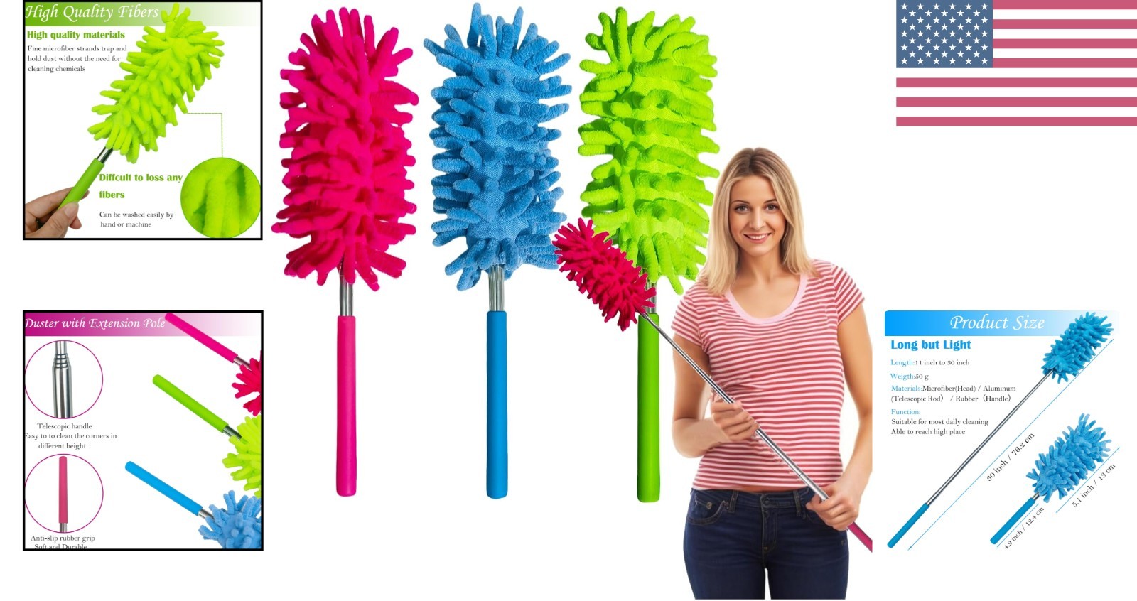 3 Pack Extendable Microfiber Dusters – Telescoping & Washable, Blue, Green, Red